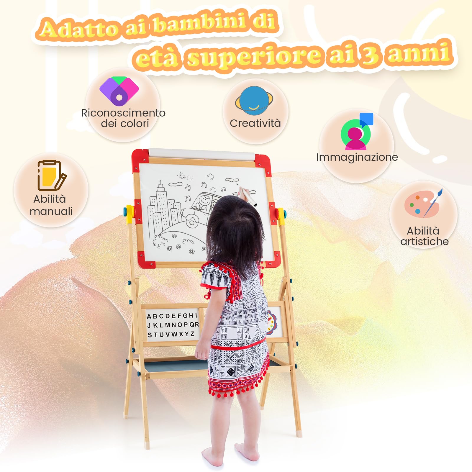 GYMAX Cavalletto Artistico in Legno per Bambini, Cavalletto per Pittura Bifacciale 3 in 1 con Lavagna, Lavagna Magnetica Girevole a 360°, Lettere Magnetiche, Abaco e Gomma, 62 x 45 x 118 cm