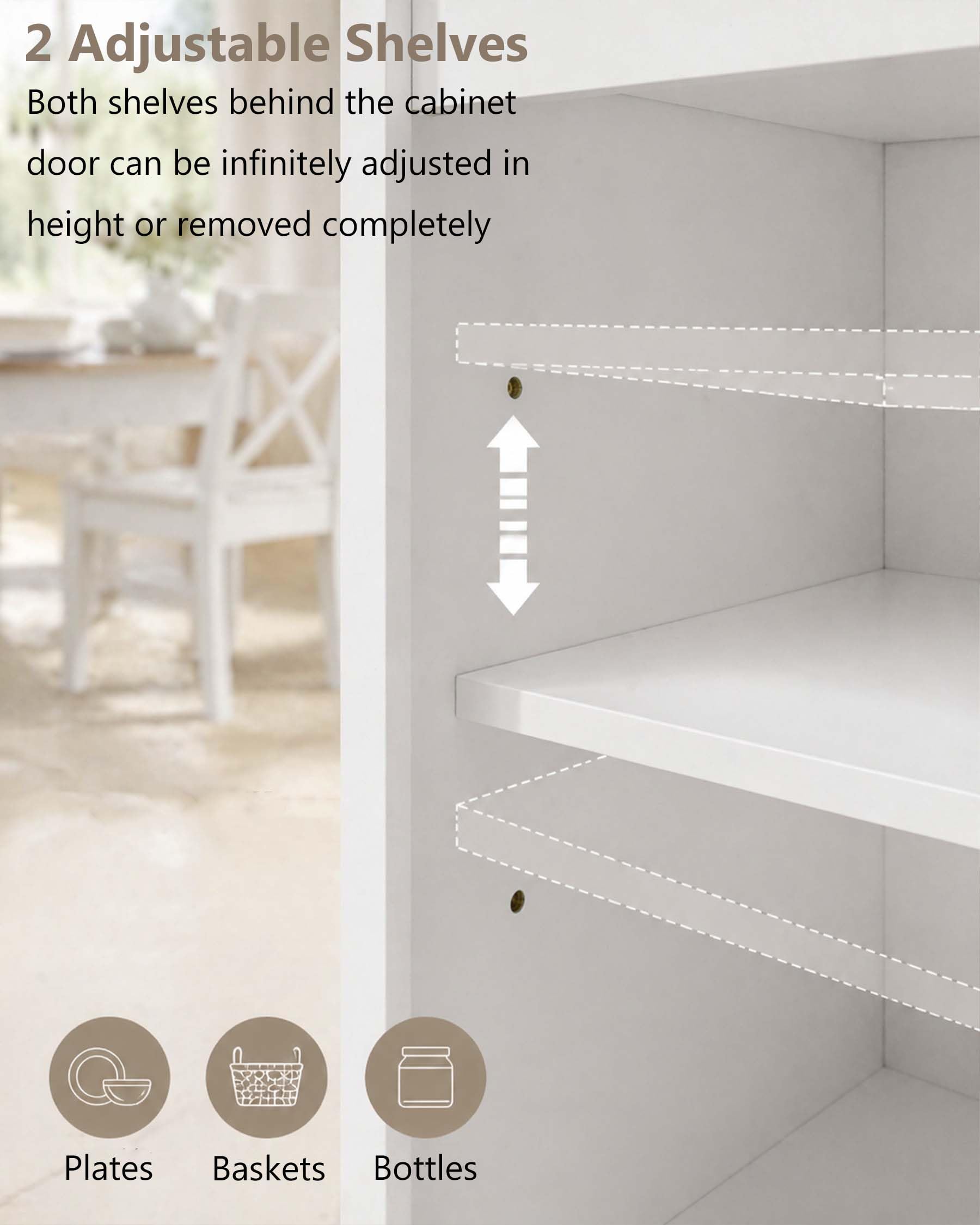 Aparador Blanco de Cocina, Mueble Auxiliar Moderno con Puertas de Vidrio y Alacena Grande con Cajones para Salón o Comedor 140x40x90.7cm