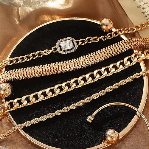 Miniatura 8 de KISS WIFE Juego de 15 pulseras doradas para mujer, pulseras abiertas apilables de múltiples capas, cadena de eslabones cubanos ajustables, delicadas