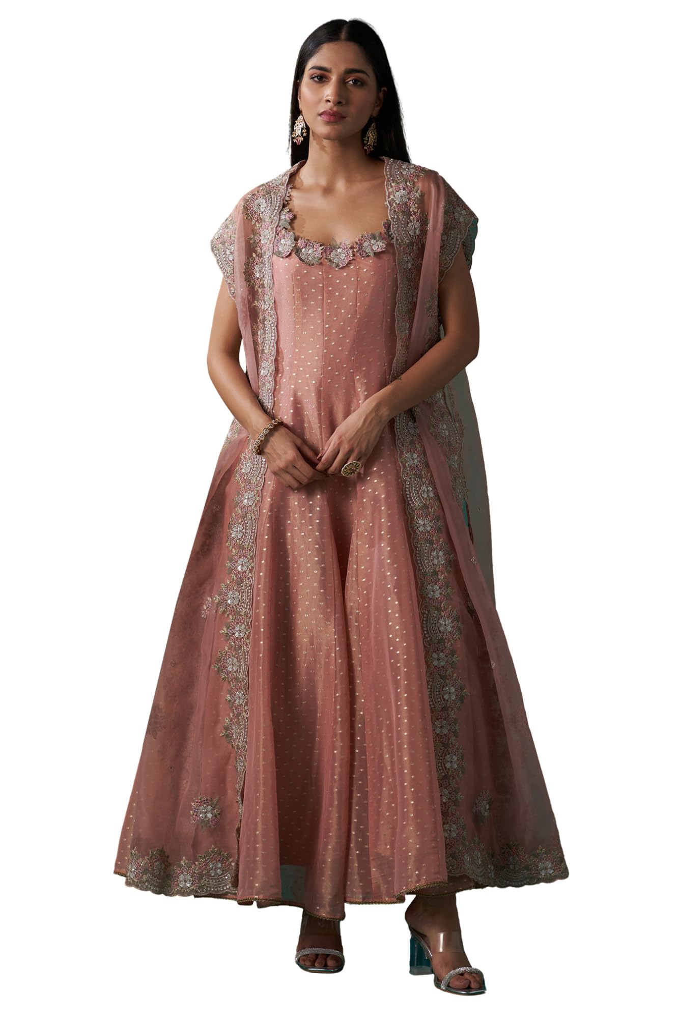 Women's Heavy Embroidered Tissue Cape and Anarkali Dress Set-image-42