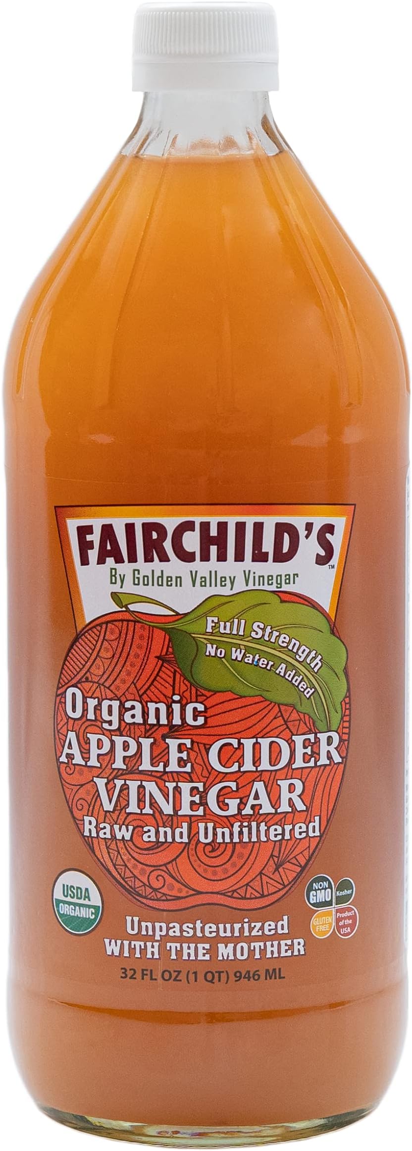 Fairchild's Organic Apple Cider Vinegar with the Mother, 32 oz. Washington State organic apples, undiluted 25% stronger,no concentrate, glass bottle