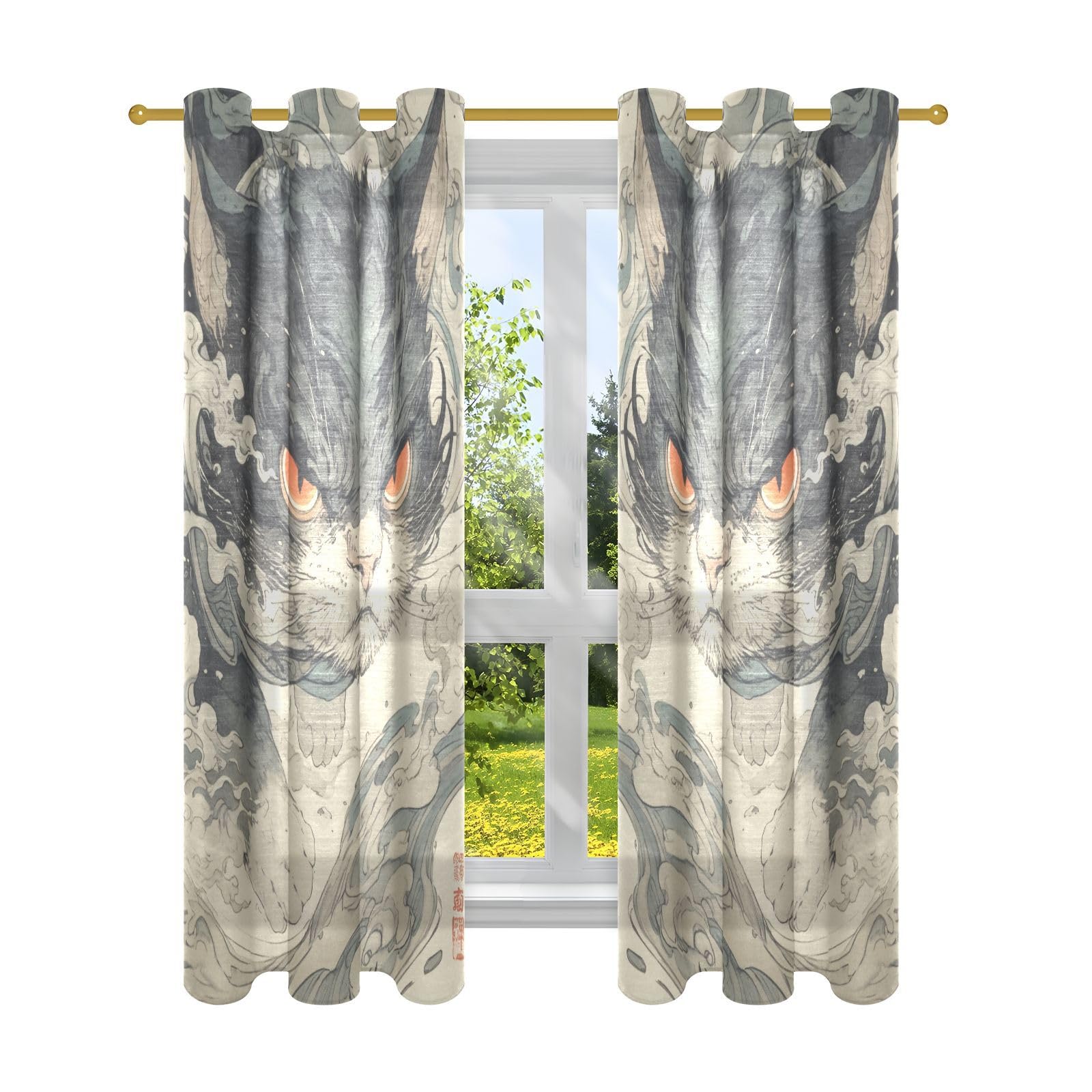 Rideaux chat japonais Ukiyo-e gris 160cm parfaits pour illuminer une chambre zen en douceur