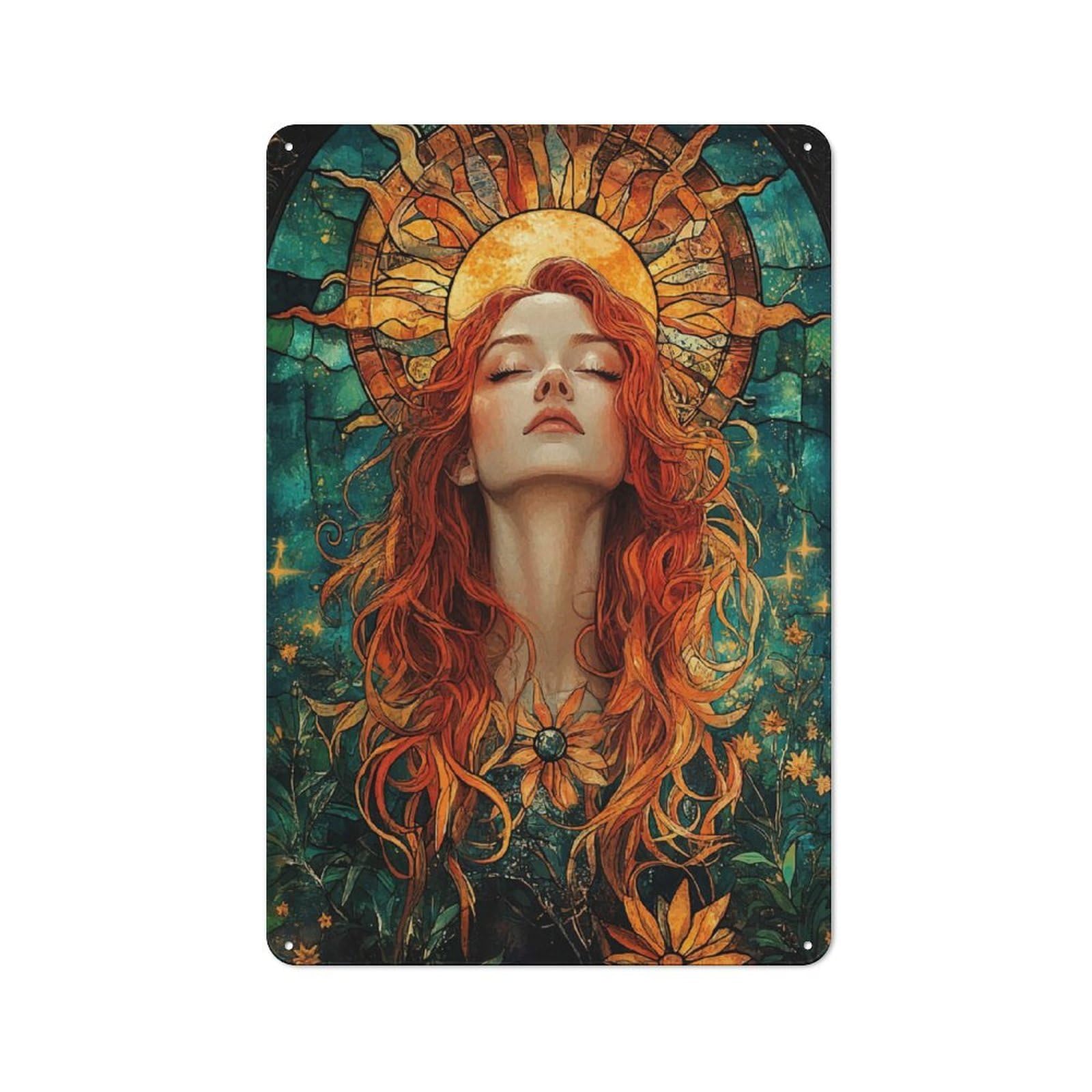 Junmoney Sun Goddess With Flowers Metal Wall Sign 30X20cm Featuring For Bar Or Restaurant, For Themed Interiors In Bars And Restaurants
