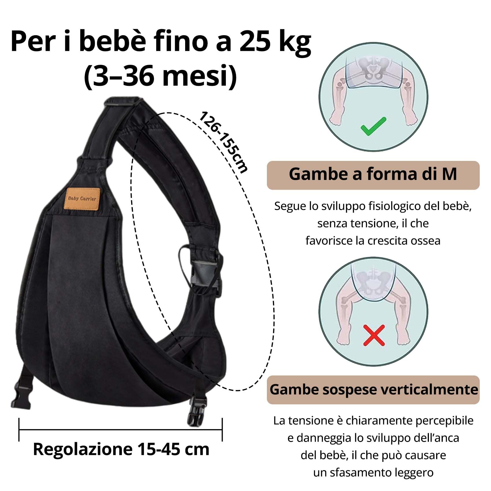 JOYNCLEON Portabebè Fisiologico da Neonato a Bambino, Fascia Portabebè Laterale con Spallone Extra Largo, Regolabile ed Ergonomico 0-36 Mesi, per Viaggi e Supporto Anca Sano (Nero)