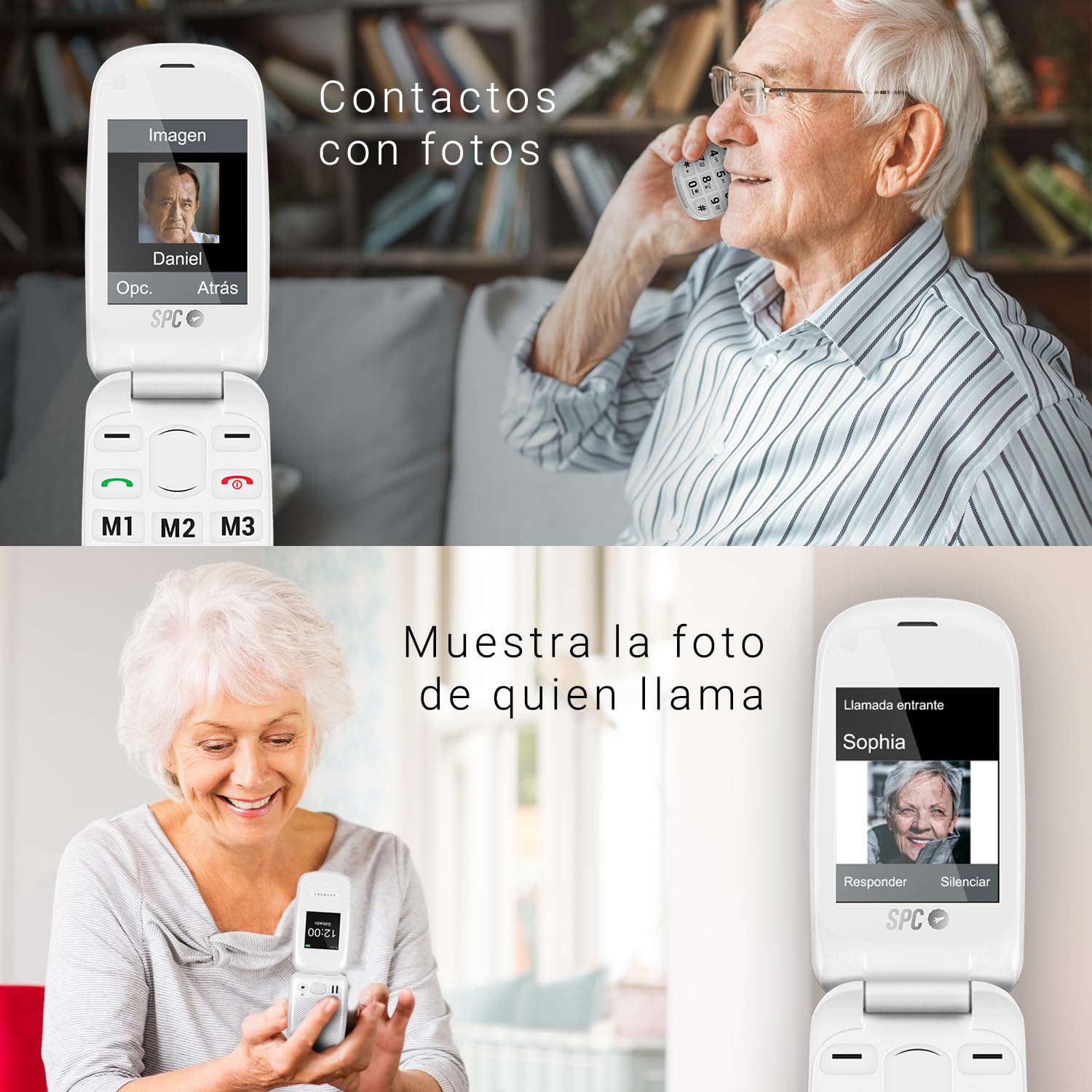 SPC Harmony - Teléfono móvil para personas mayores, móviles con tapa, teclas grandes, volumen alto 96dB, compatible con audífonos, contactos con imagen, botón SOS, doble pantalla (2,4”+1,77”) - Blanco