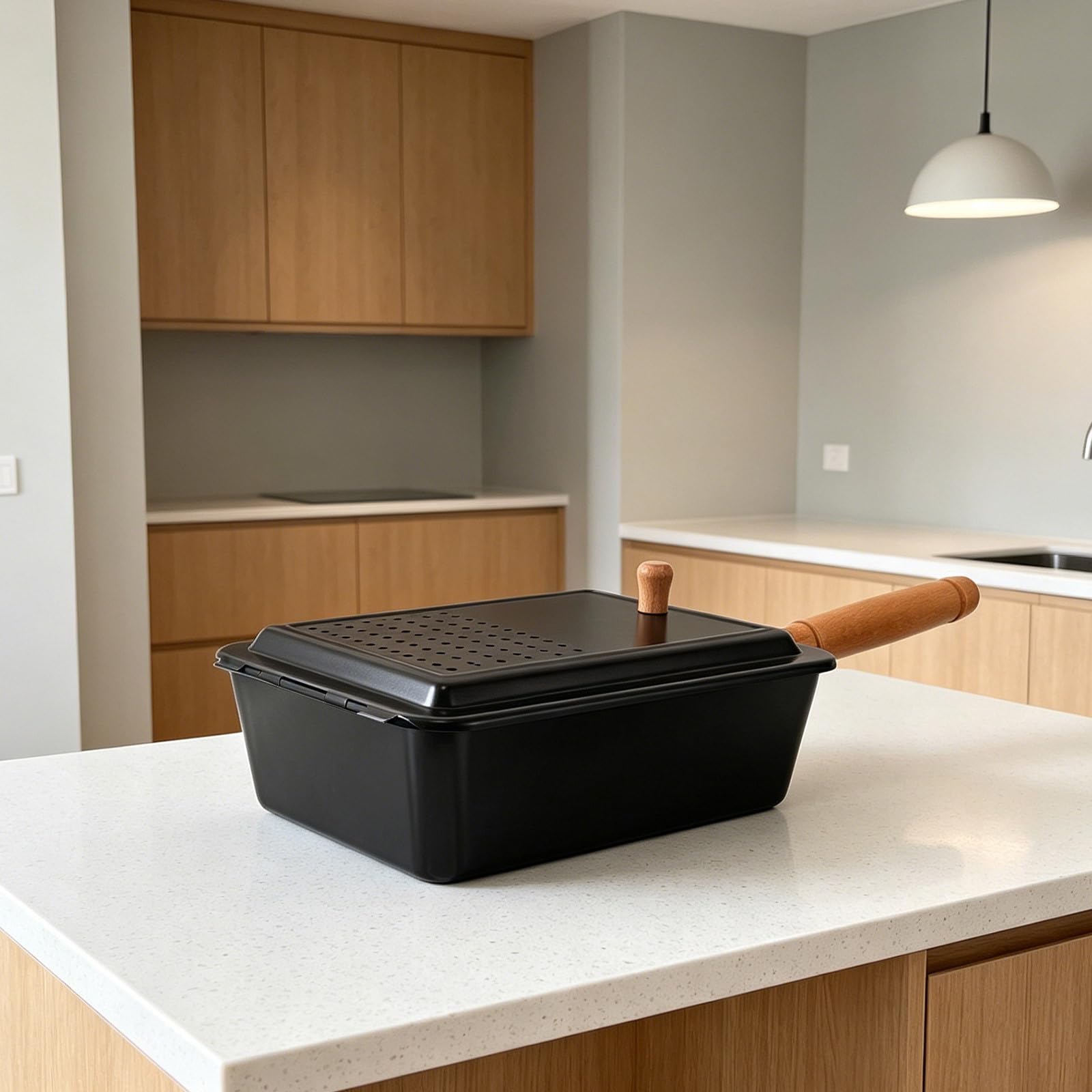 Operitacx Palomitera con tapa ventilada - Sartén para palomitas de maíz de 26,2 x 19,5 x 10 cm con mango de madera - Sartén rectangular pequeña de hierro para cocinar, ideal para noches de cine y