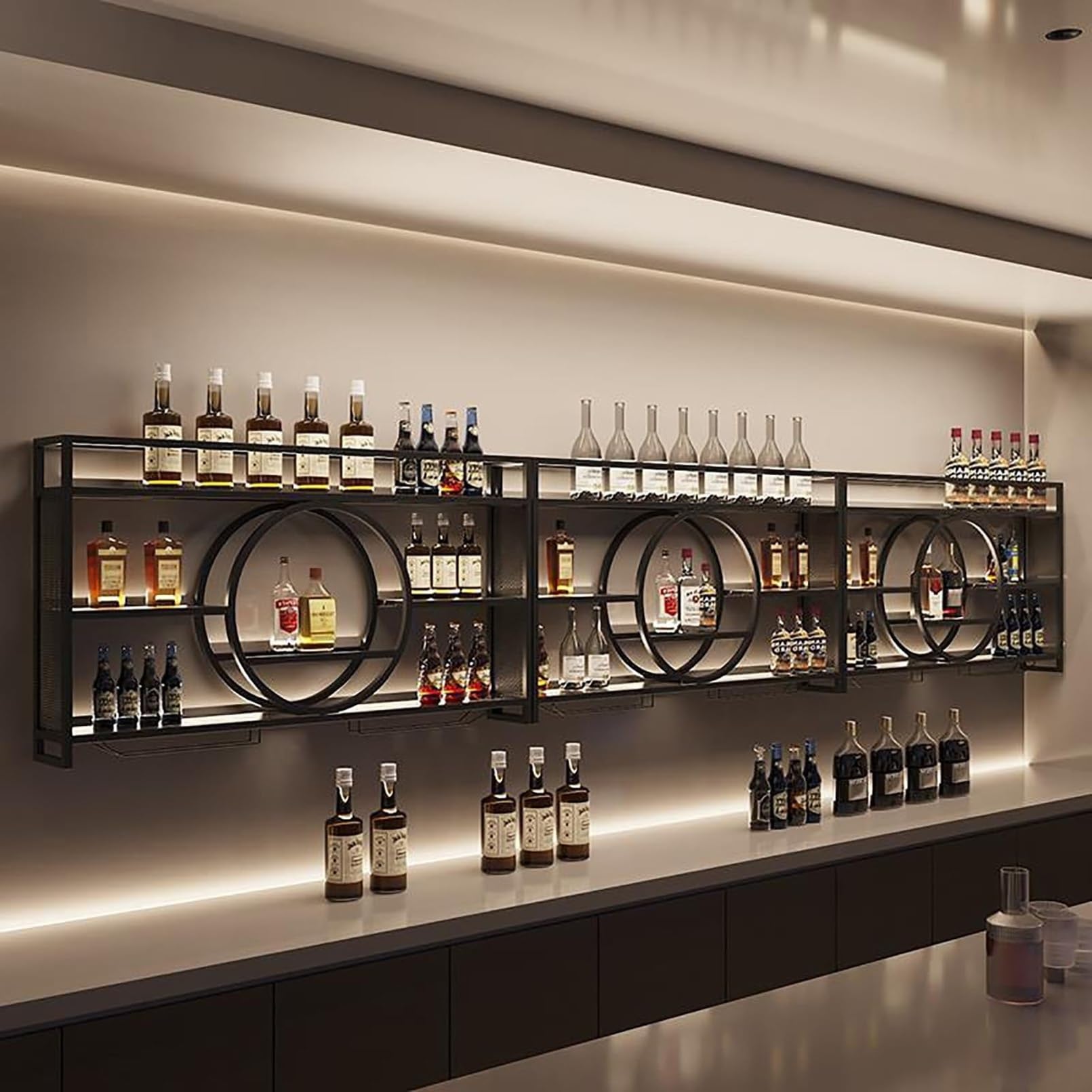 Estante de vino montado en la pared con luz , unidad de barra flotante estante de exhibición de botellas de licor, estante de almacenamiento multifuncional con soporte para copas de (100x15x80cm)