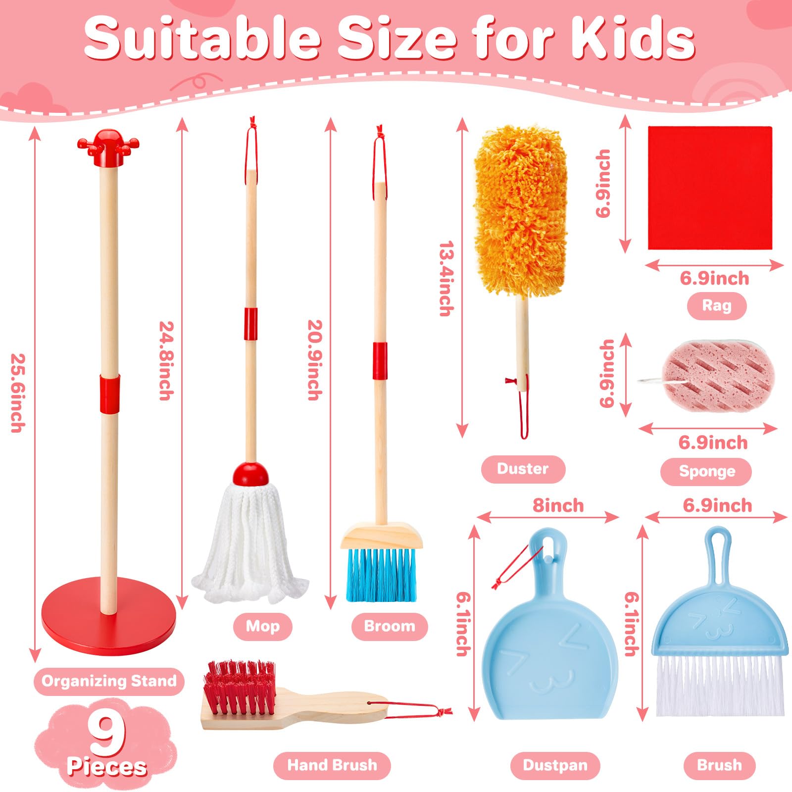 WHOHOLL Kids Cleaning Set for Toddlers, Tool Set Gift for Girls & Boys, 9 Pcs Really Working Wooden Detachable Housekeeping Kit 3