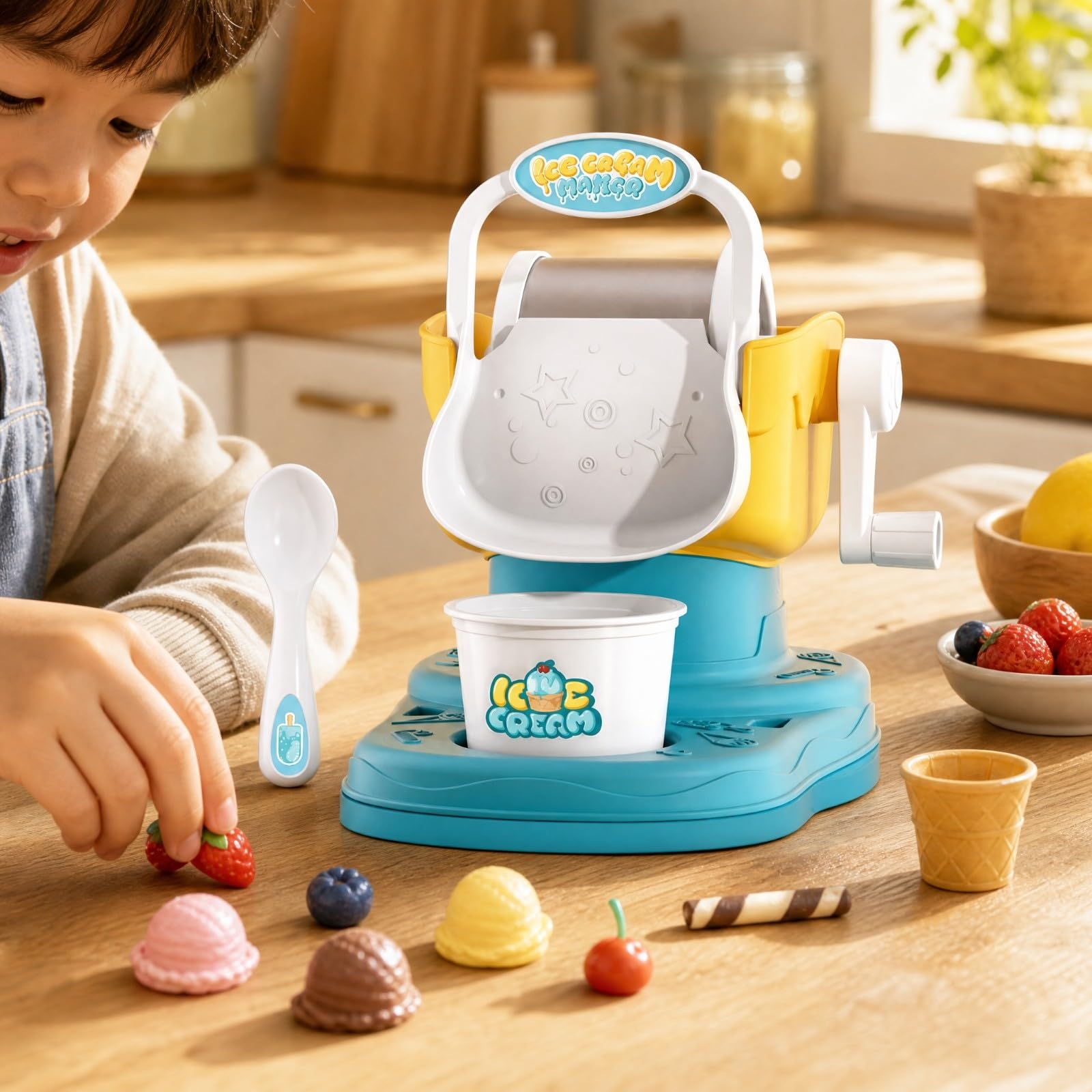 Eismaschinen-Spielset mit Becher und Löffel freundlich Eismaschinen-Spielzeug mitmachend Eismaschine mit Handkurbel für Eltern-Kind-Spiel, Pink W Eiskasten