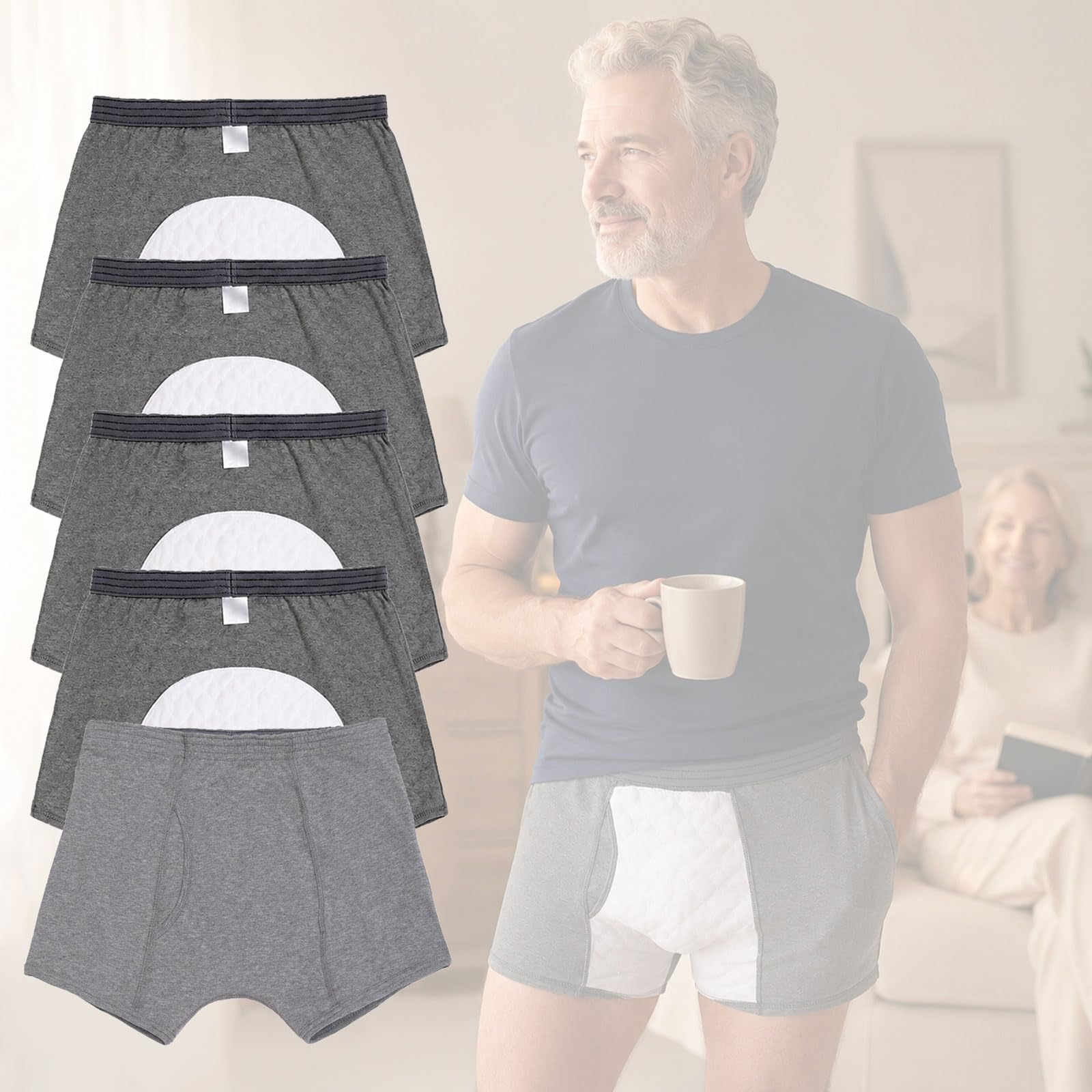 PSKJHN Incontinence Underwear for Men Washable, 5-Pack Reusable Cotton Boxer Briefs with 3-Layer Absorbent Gusset & Front Fly, Discreet Pants for Protecting From Drips & Dribbles