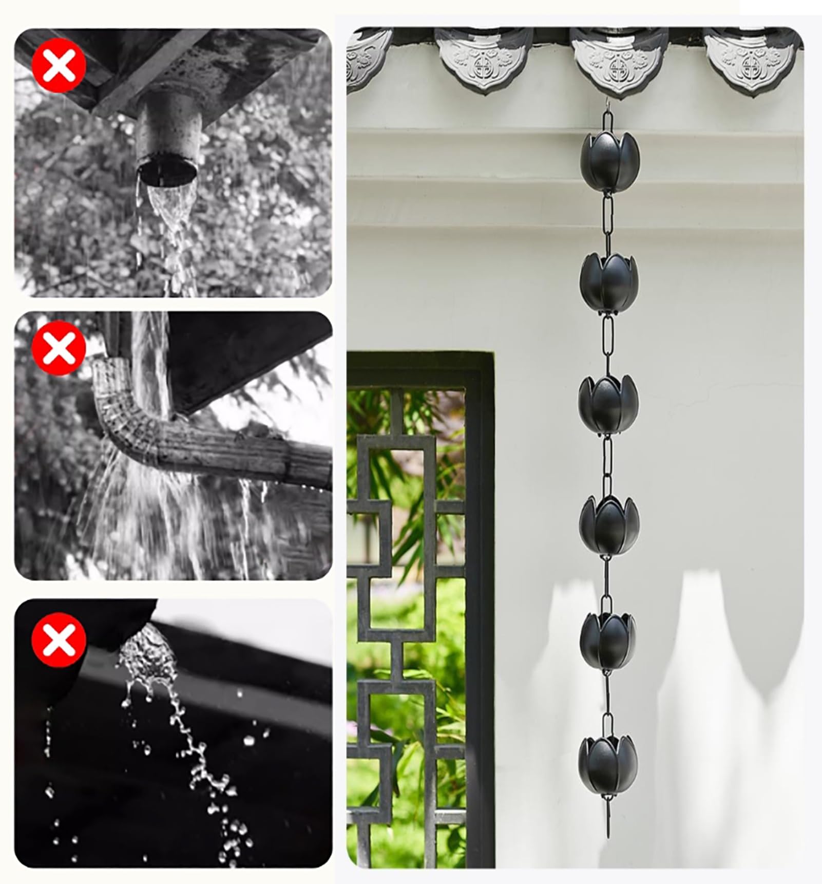 Cadena de lluvia para canalones, solución decorativa de drenaje con diseño de campana