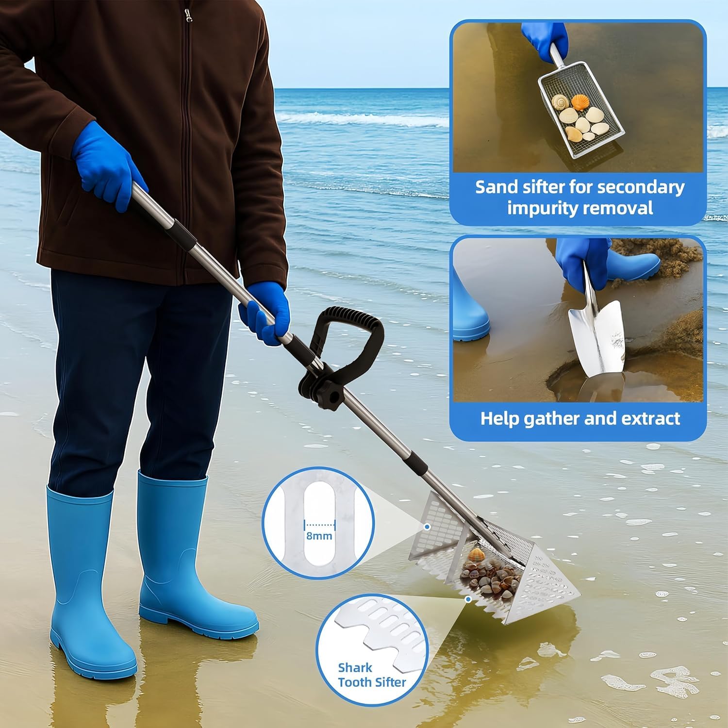 Edelstahl Strand Sandsieb, Strandrechen, Sandflohharke, Mit 15,8 Zoll Haifischzahn, Breiter Korb, 133cm Einstellbar Sandschaufel Dreiteiliger Griff, Faltbare Sandflohfalle Für Den Strand(Silver)