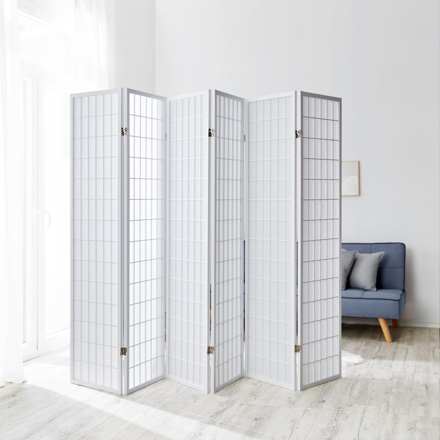 Homestyle4u 263, parawan, ścianka działowa, do wnętrz, 6-częściowa, drewno białe, ścianka działowa, ochrona przed wzrokiem, papier ryżowy, wysokość 175 cm