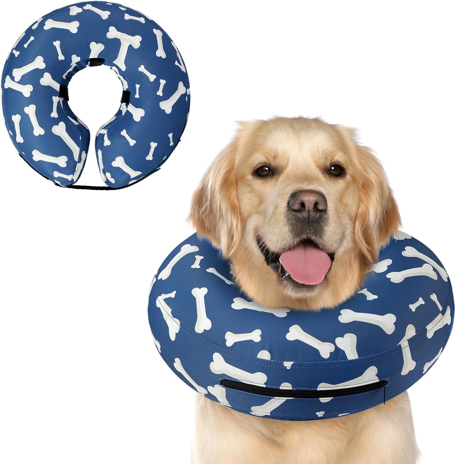 Supet Inflatable Dog Cone Collar Alternative After Surgery, Dog Neck Donut Collar Recovery E Collar, Soft Pet Cone for Small Medium Large Dogs T Bone Navy L(Neck 12"-16")