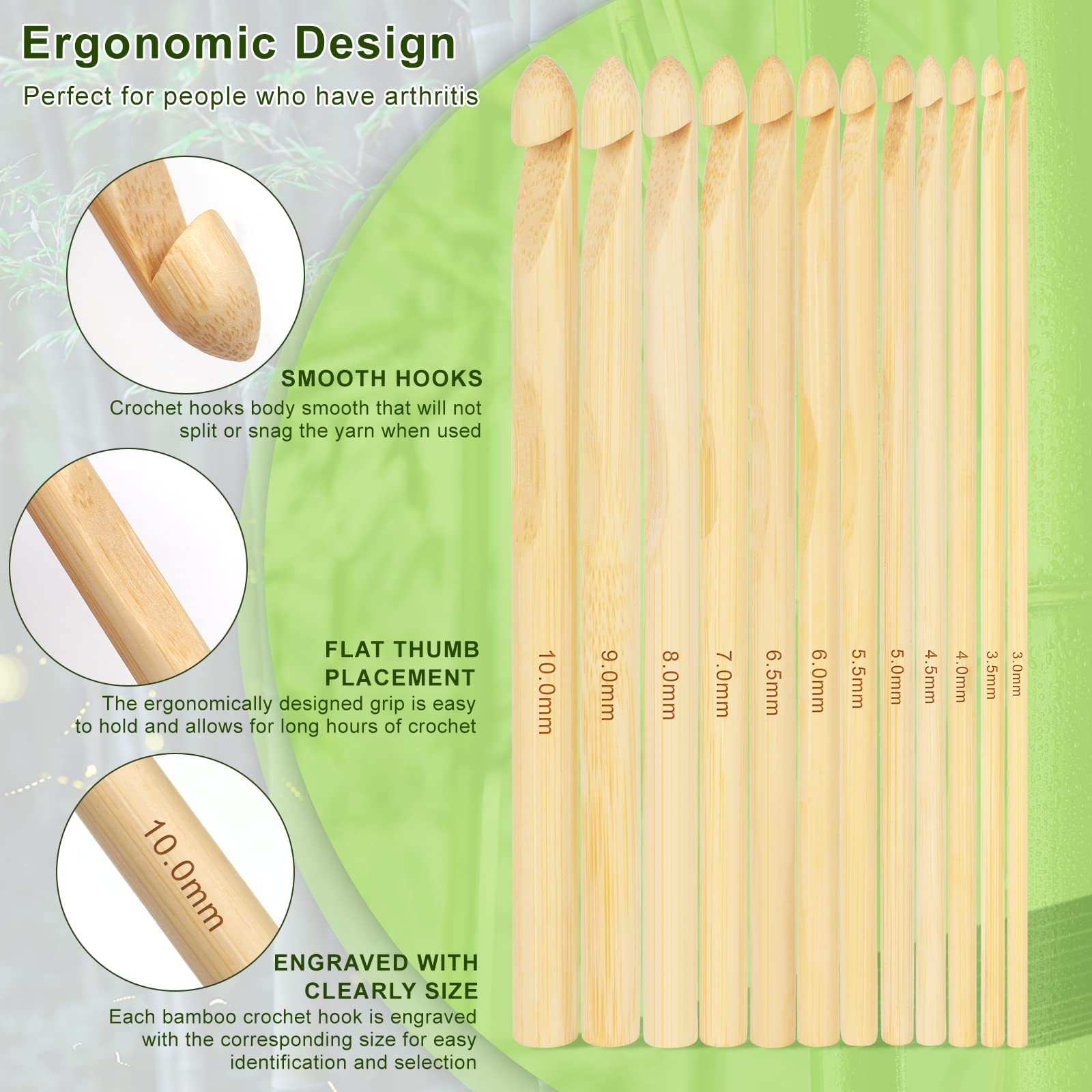 Aeelike Set Di Uncinetti In Bambù Con Manico Ergonomico - 9 Misure Da 2 A 6 Mm, Testa In Alluminio Liscio, Antiscivolo E Leggeri, Per Principianti E Mani Artritiche, Con Sacchetto Porta Uncini - 2