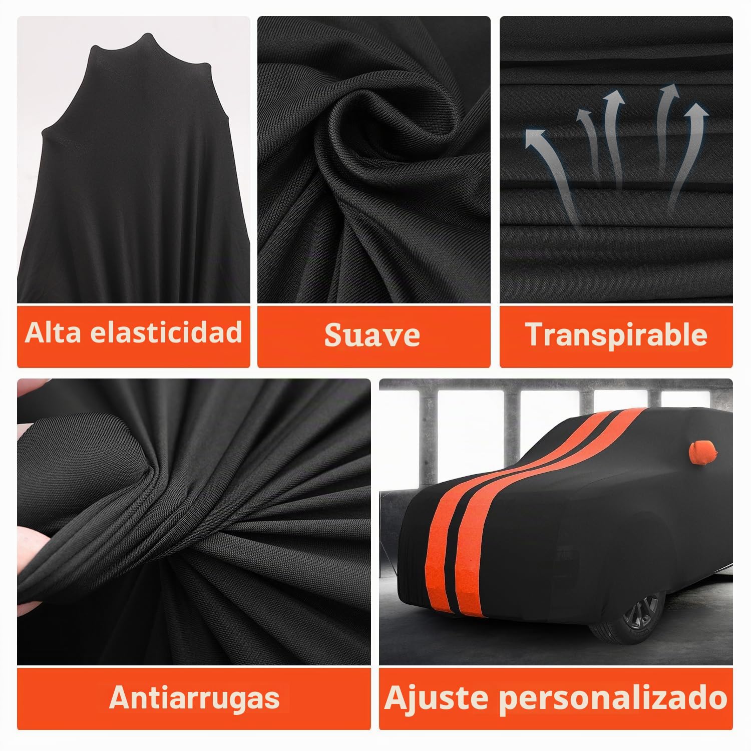 TECTICO Funda Coche Interior Completa SUV 4,75-5,1m Elástica Transpirable Stretch y Suave Antipolvo Protectora Universal, Ideal para Garaje, Subterráneo y Exhibición, Negro+Naranja