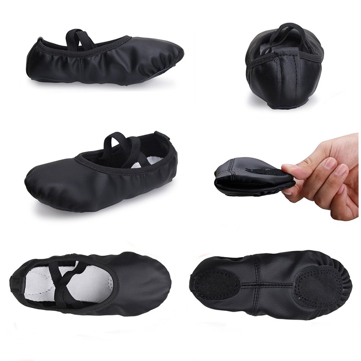 Nexete Leather Shoes Split-Sole Slipper Flats Ballet Dance Shoes for Toddler Girl Boy Kid(Big Kit 4,Black)