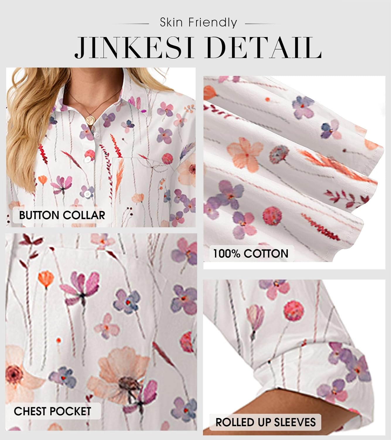 JINKESI Womens Button Down Cropped Shirt Loose Fit Style Casual Long Sleeve Collared Blouses with Pocket Ink Lotus-M - Image 5