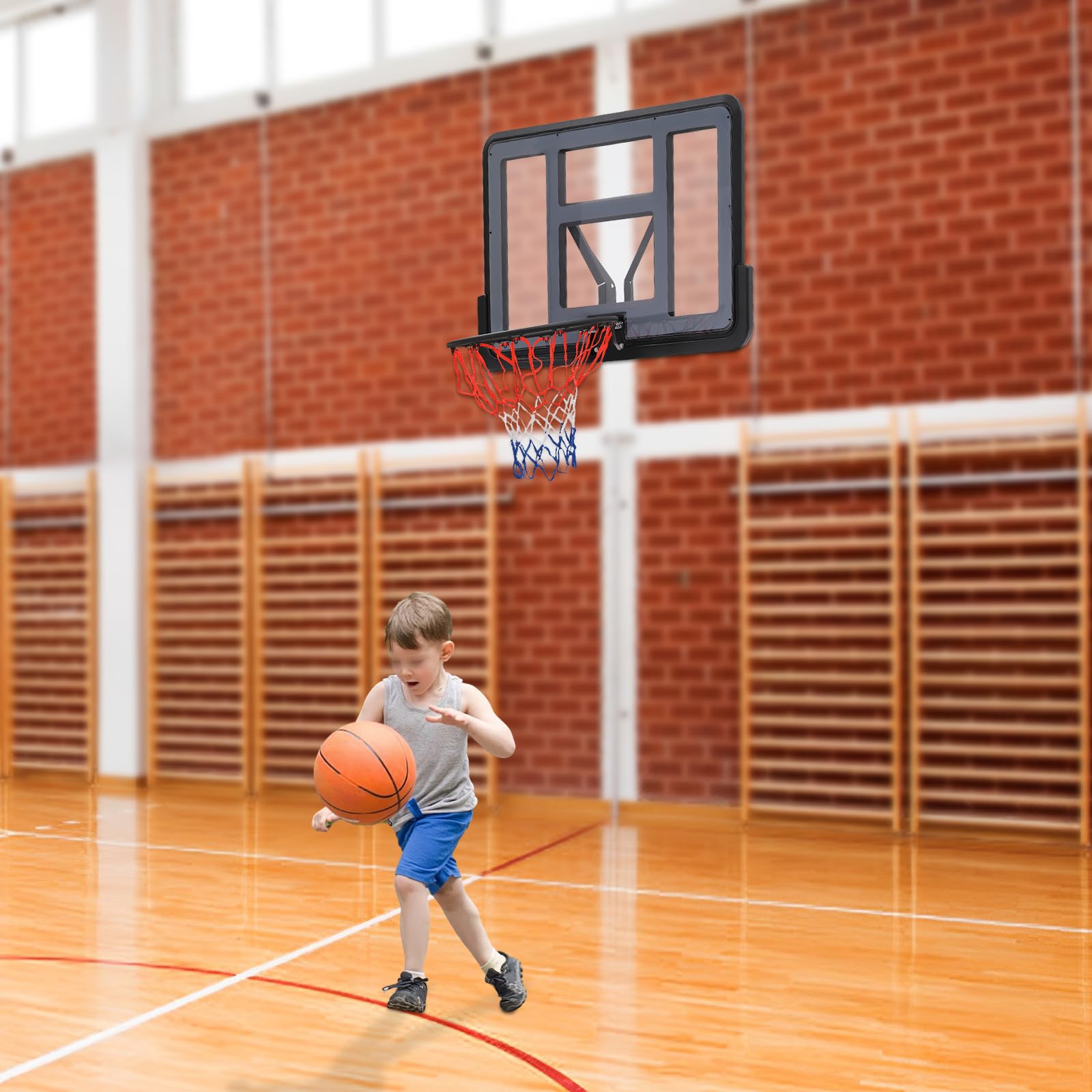 44'' Basketball Backboard and Rim Combo, Wall Mounted Basketball Hoop with PET Backboard, Indoor Outdoor Basketball Goal Set for Kids Teens Adults, Durable Rim with All-Weather Net