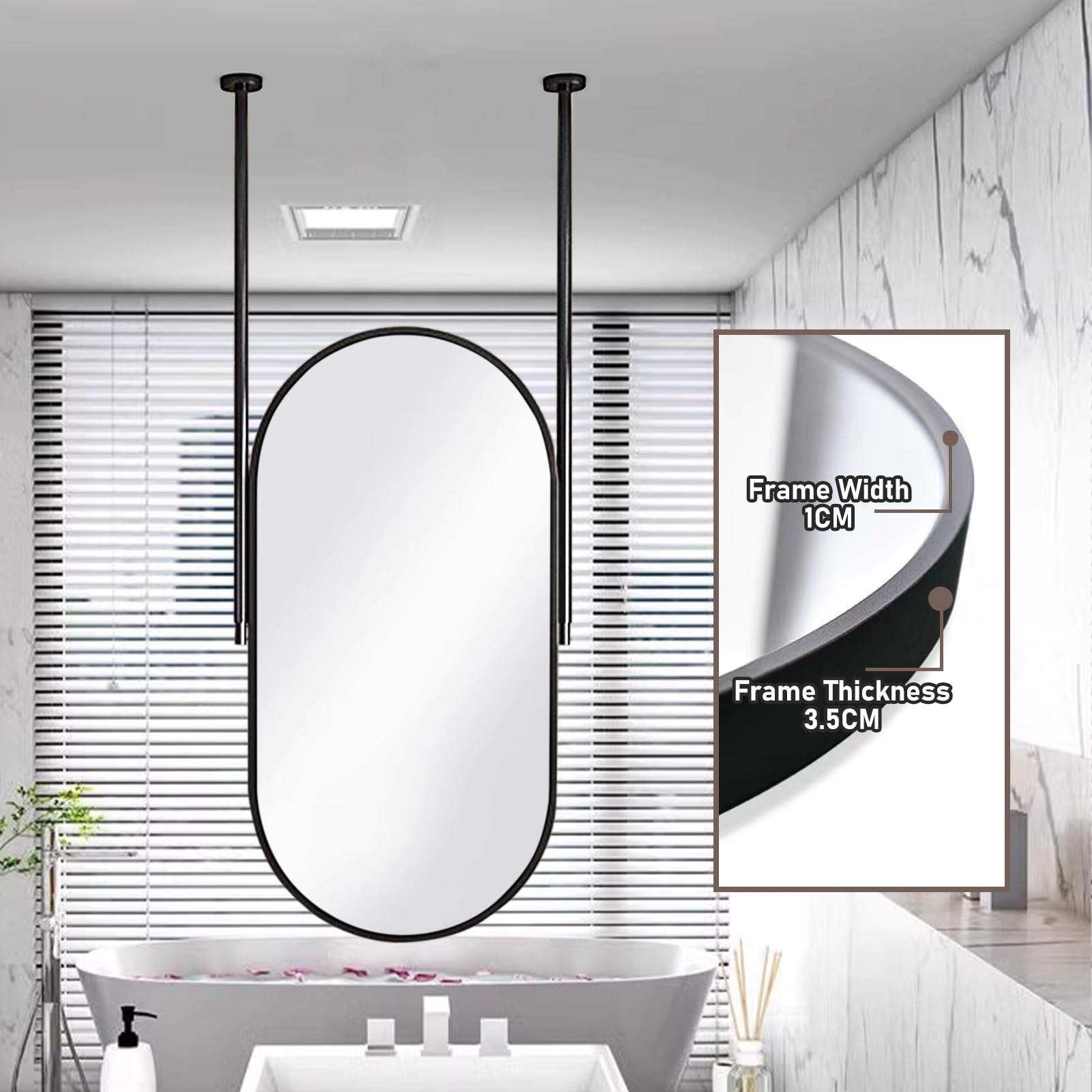 Owalne lustro do sufitu wiszące montowane lustro z czarną metalową ramą, dekoracyjne proste lustro do toaletki dom przedpokój sypialnia łazienka salon(50cmx60cm)