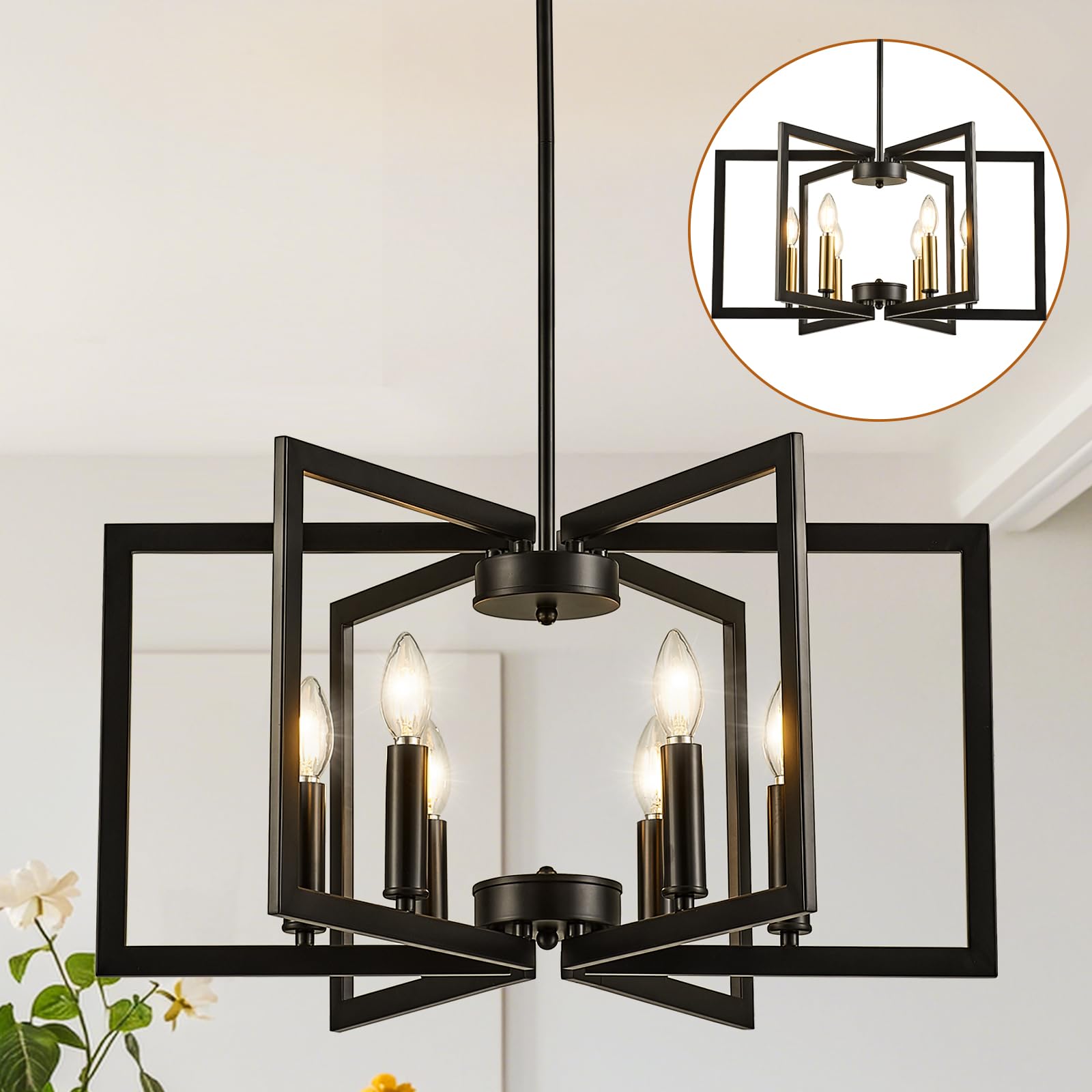 Photo 1 of LOFTPLUS 6-Light Black Chandelier for Dining Room Light Fixture Over Table Foyer Lighting Fixtures Modern Farmhouse Geometric Metal Hanging Industrial Chandeliers for Entryway Kitchen Hallway