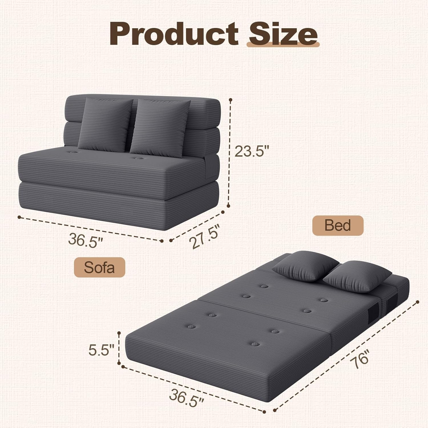 folding sofa bed, convertible sleeper chair & couch bed with pillow, one-piece high-density sponge mattress, multi-purpose corduroy floor sofa for living room, office, apartment, grey, twin grey twin