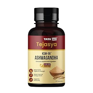 Tata 1mg Tejasya Ashwagandha KSM-66 Capsules | 600 mg Root Extract per Capsule | Supports Energy & Stamina | Clinically Researched | USDA Organic | Non-GMO | 60 Capsules - image, photos