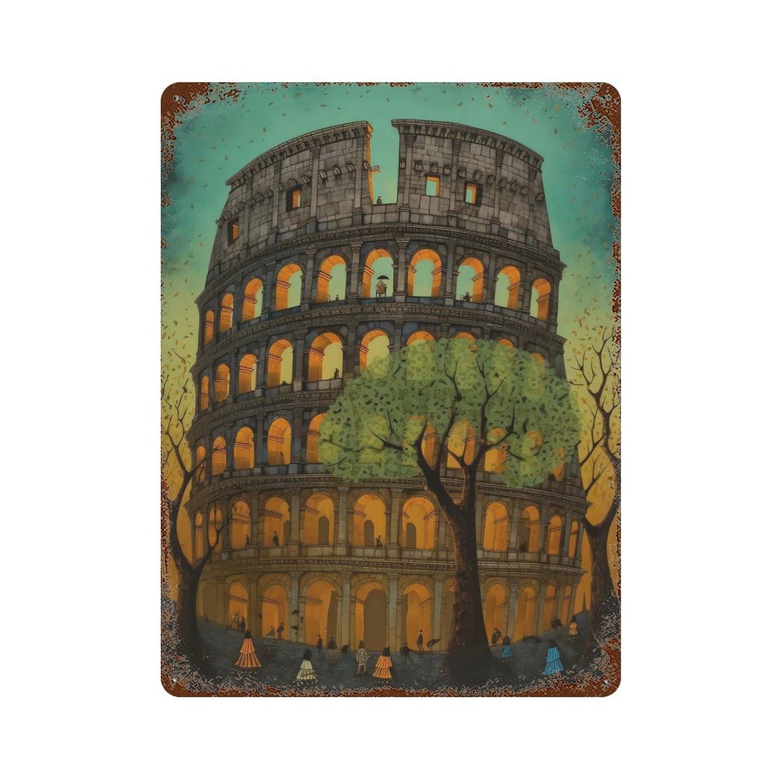 Vintage Rust Metal Sign with Colosseum Rome Abstract 1 Design 15.7"x11.8", for Shed, Workshop And Garage Wall Decor, Classic Wall Plaque