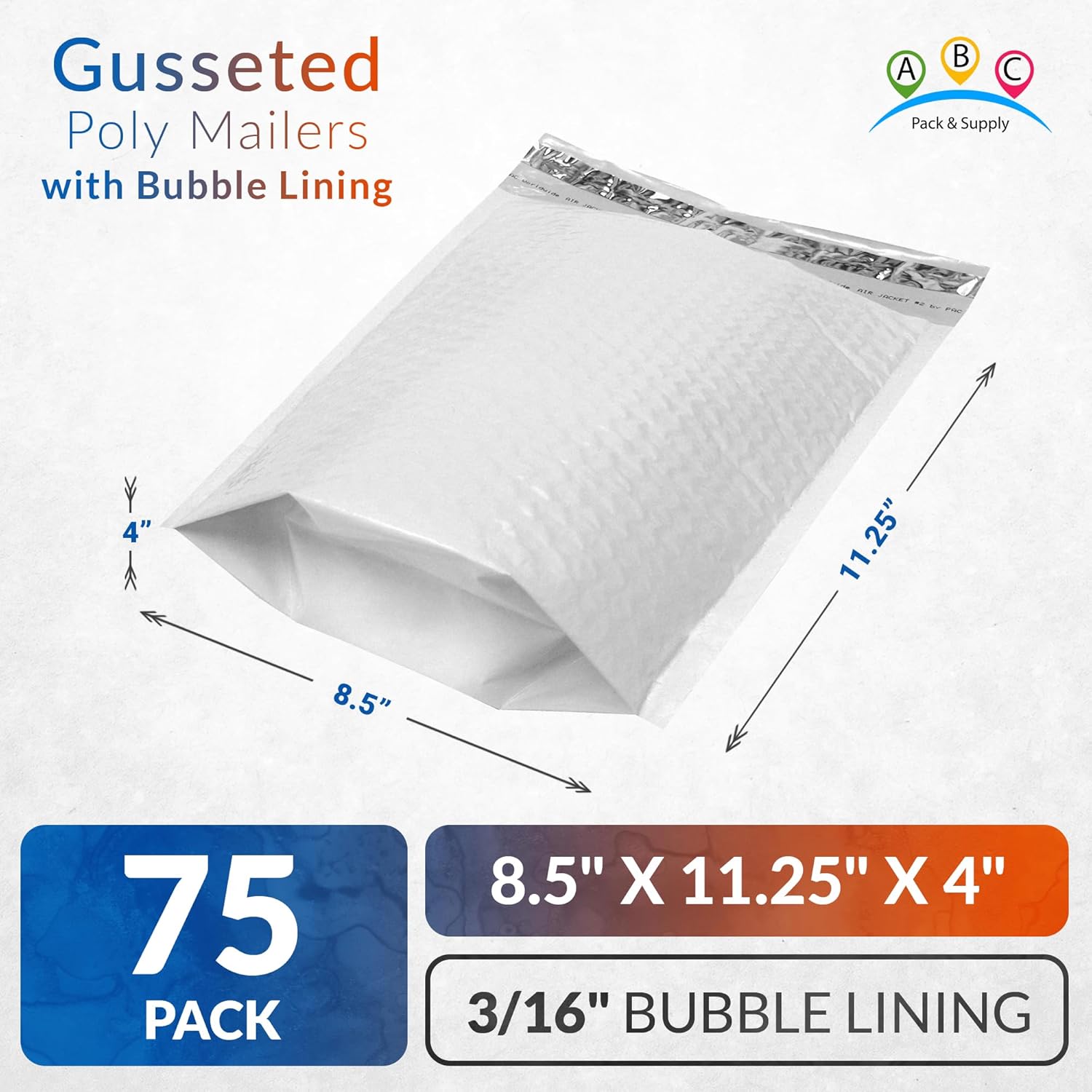 ABC PACK & SUPPLY White Gusseted Bubble Mailers, 8.5 x 11.25 x 4 Inch. Pack of 75 Expandable Envelopes. Padded Shipping Envelopes. Waterproof Bubble Bags for Shipping. Poly Bubble Mailers Self Seal