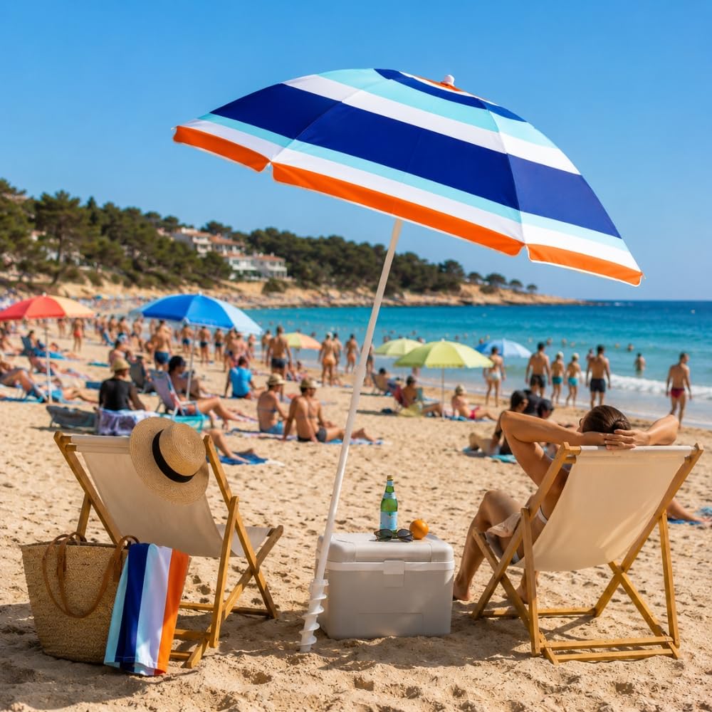 Parasol de Plage Alu Luxe Inclinable 210 cm UPF 50+ – Fibre de Verre, Pied Vissable, Housse de Transport et Toile Anti-UV