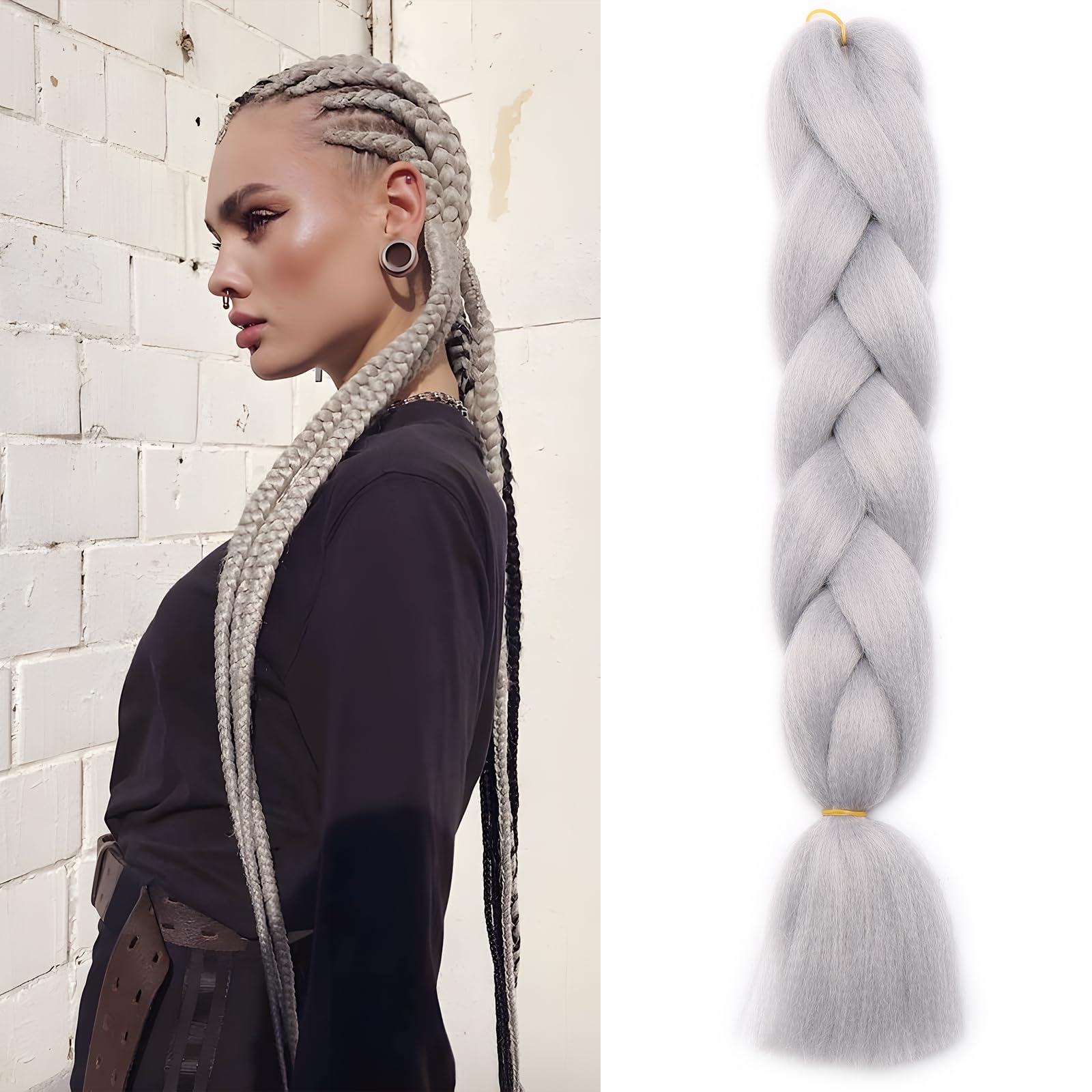 Benehair Braiding Hair Long Braids Extensions Hair 24 Inches Colorful Synthetic Hair for Braid Human Braiding Hair Light Gray Hair Extensions for Women(Light Gray