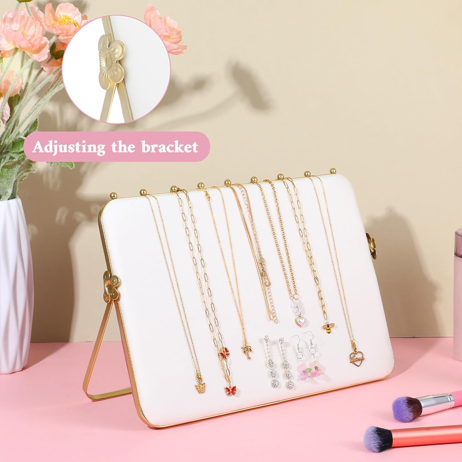 1 Pack Double-Sided Velvet Necklace Display Stand – Pink & White Jewelry Organizer Holder for Vendors, Craft Shows, Exhibitions (14 x 10 Inches, Metal Frame)