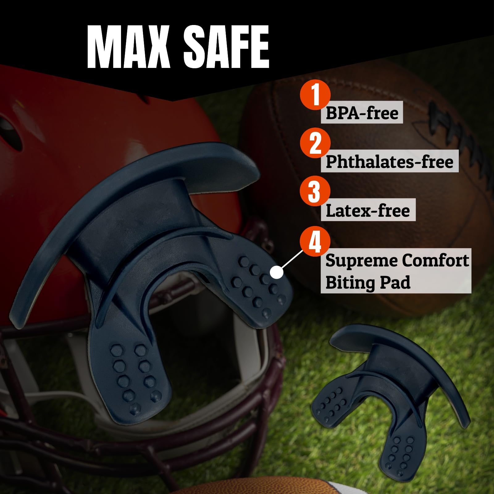 O Shield Protector bucal para fútbol con protección de doble capa, canales de aire integrados, protector labial extendido, material suave, tamaños para adultos y jóvenes con correa/funda, azul marino