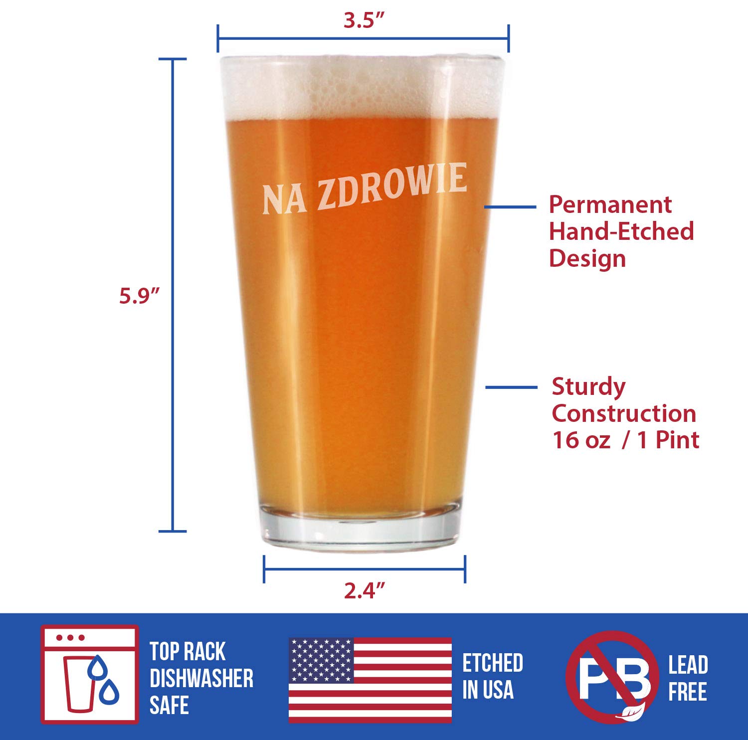 Bevvee Na Zdrowie - Polish Cheers - Pint Glass for Beer - Cute Poland Themed Gifts or Party Decor for Women and Men - 16 Oz