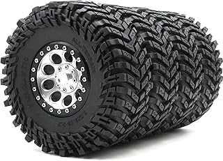 HOBBYSOUL RC 2.2 Tires Super Grip Soft Sticky Tyres 127mm/5.0inch & 2.2 Metal Beadlock Wheels Rims Silver/Black Color Fit for RC Mud Crawler Truck TRX4 Gen8 Capra Wraith, (4-Pack, Assembled)