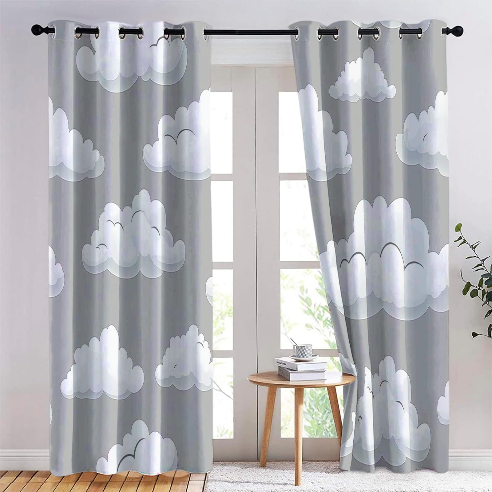Générique Lot de 2 Rideaux 100% Occultants Gris, Rideaux de Fenêtre à Isolation ImpriméS à Nuages Rêve Simples pour Salon Chambre à Coucher Maison Bureau Draperies à Oeillets 110L x 215H cm