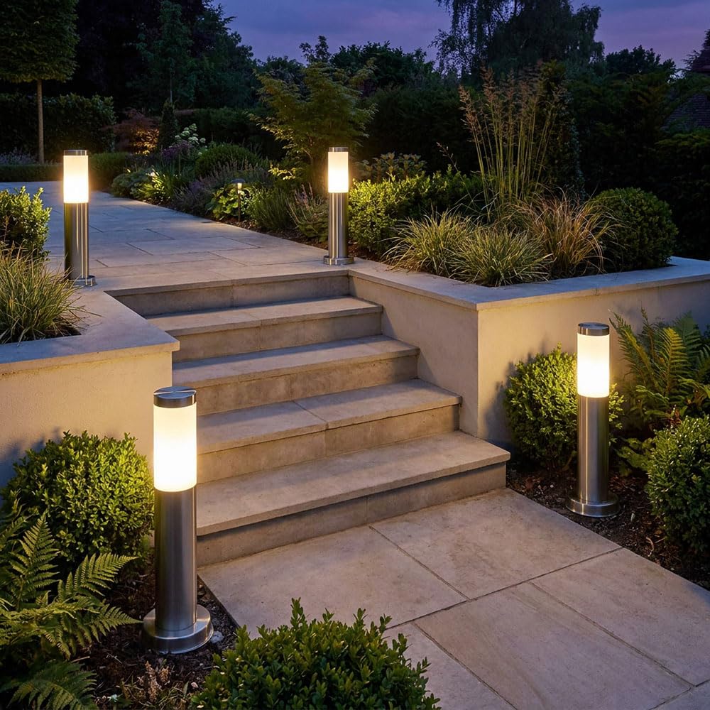 4x LED Außen Stehleuchte Standlampe Beleuchtung Weg-Licht Edelstahl IP44 geeignet für Garten, Hof, Weg, Eingangsbereich, Veranda, Terrasse