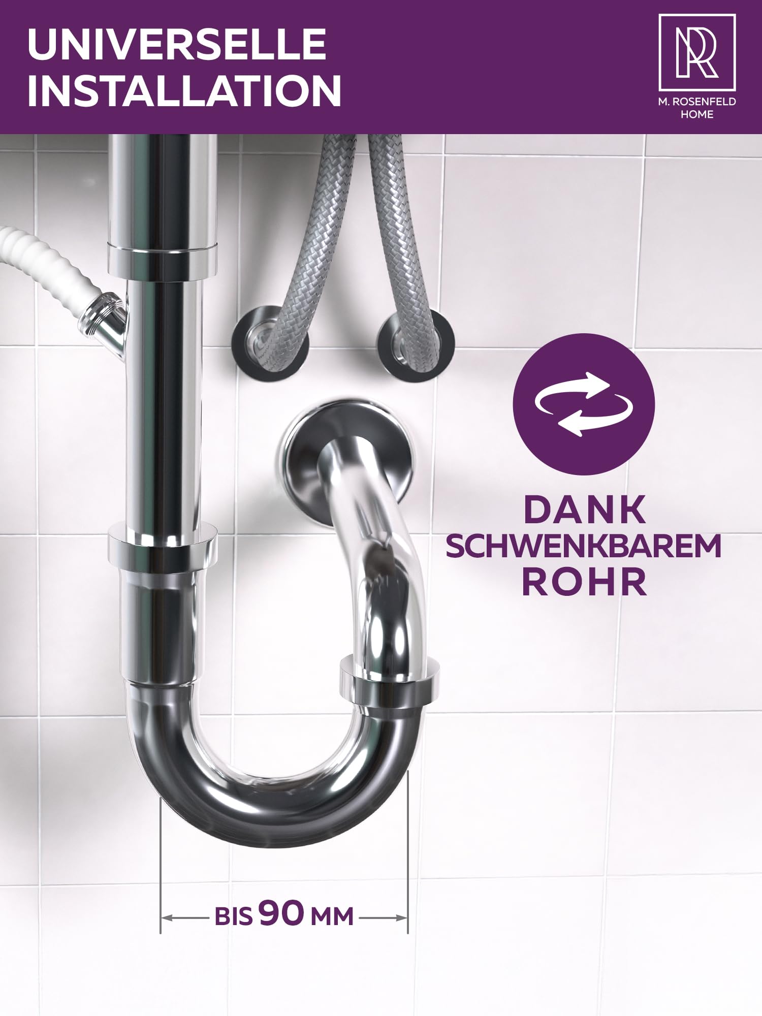M. ROSENFELD HOME Syfon do umywalki – uniwersalny syfon rurowy 1 1/4" do umywalki w łazience, syfon zapachowy z rurą odpływową, kompletny zestaw z uszczelkami i rozetą