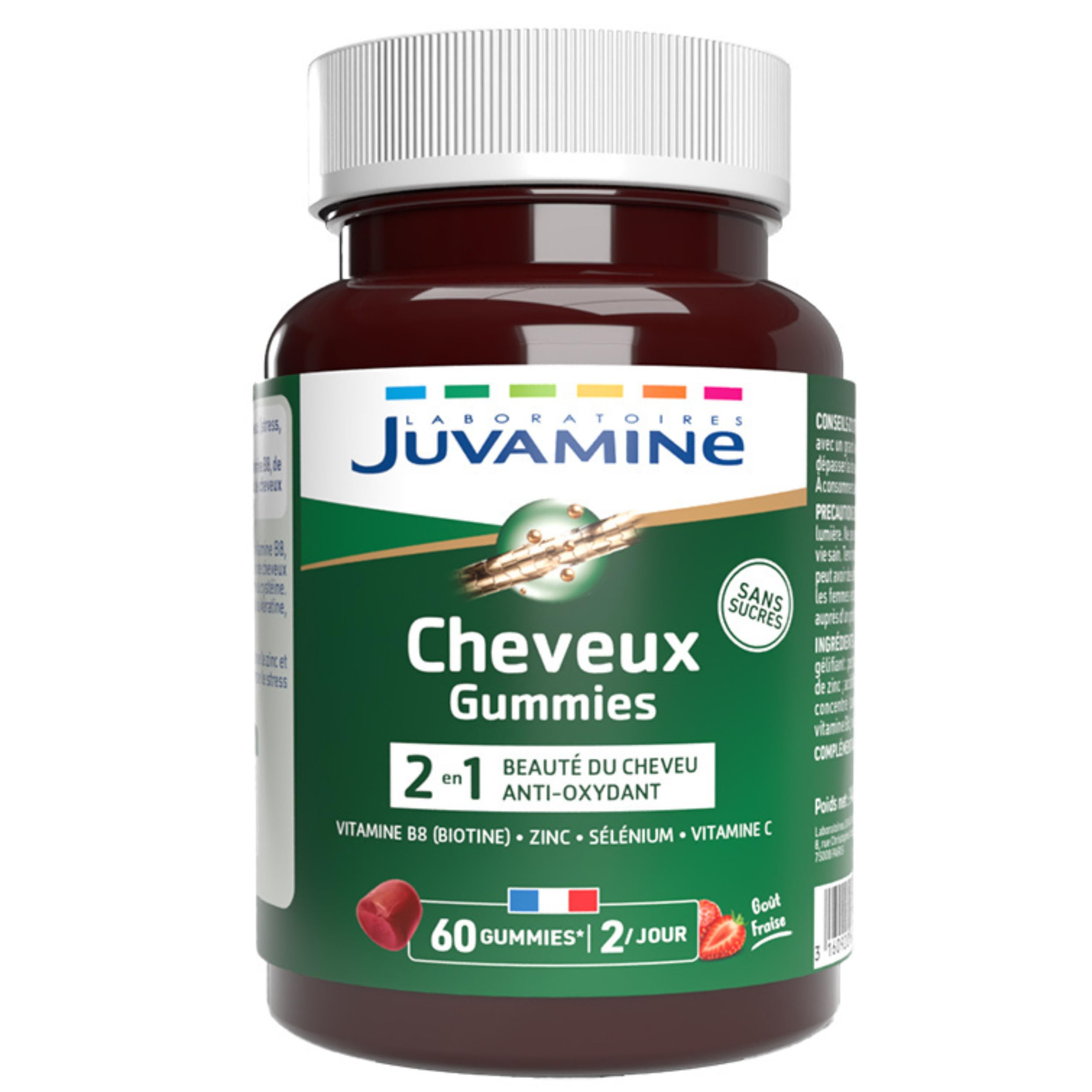 JUVAMINE - Gummies Cheveux 2-​en-​1 - Beauté et Santé du cheveu - Antioxydant - Sélénium - Vitamine B8 - Zinc - Vitamine B6 - Vitamine C - 30 jours - 60 Gummies - Goût Fraise - Fabriqué en France
