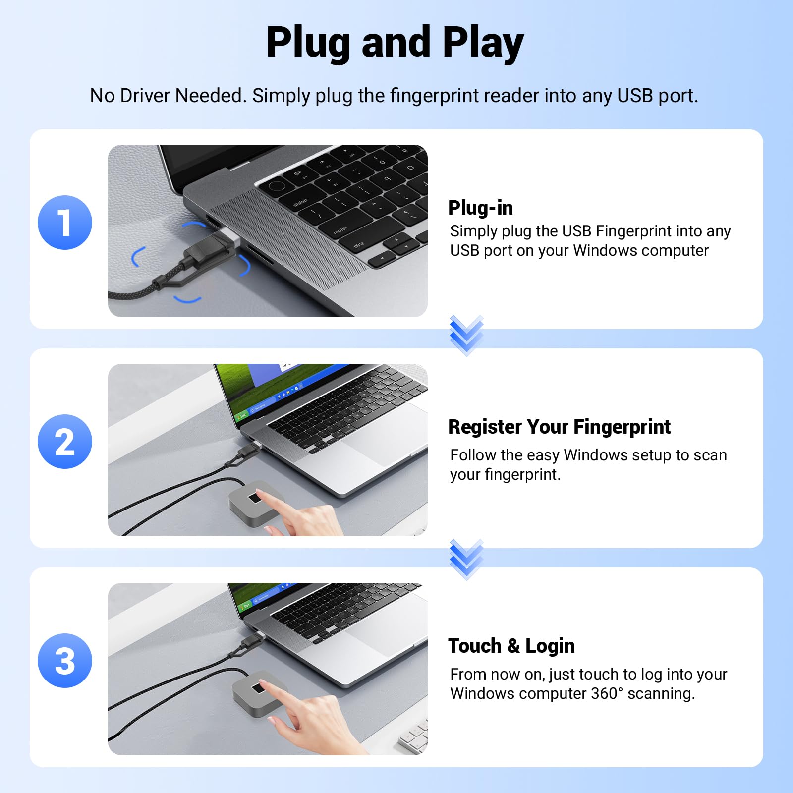 Lecteur d‘Empreintes digitales USB pour Windows Hello, Compatible avec Windows 11/10, Capteur 360°, clé de sécurité biométrique Plug & Play pour PC/Ordinateur Portable