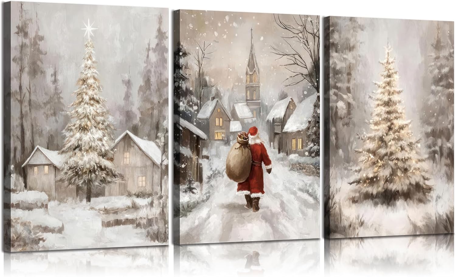 3Pcs Christmas Winter Snow Scene Canvas Wall Art Pine Trees Landscape Wall Decor Picture Retro Country Cabin Snowy Poster Prints for Bedroom Living Room Kitchen Home decorations Framed Canvas 16inx24in