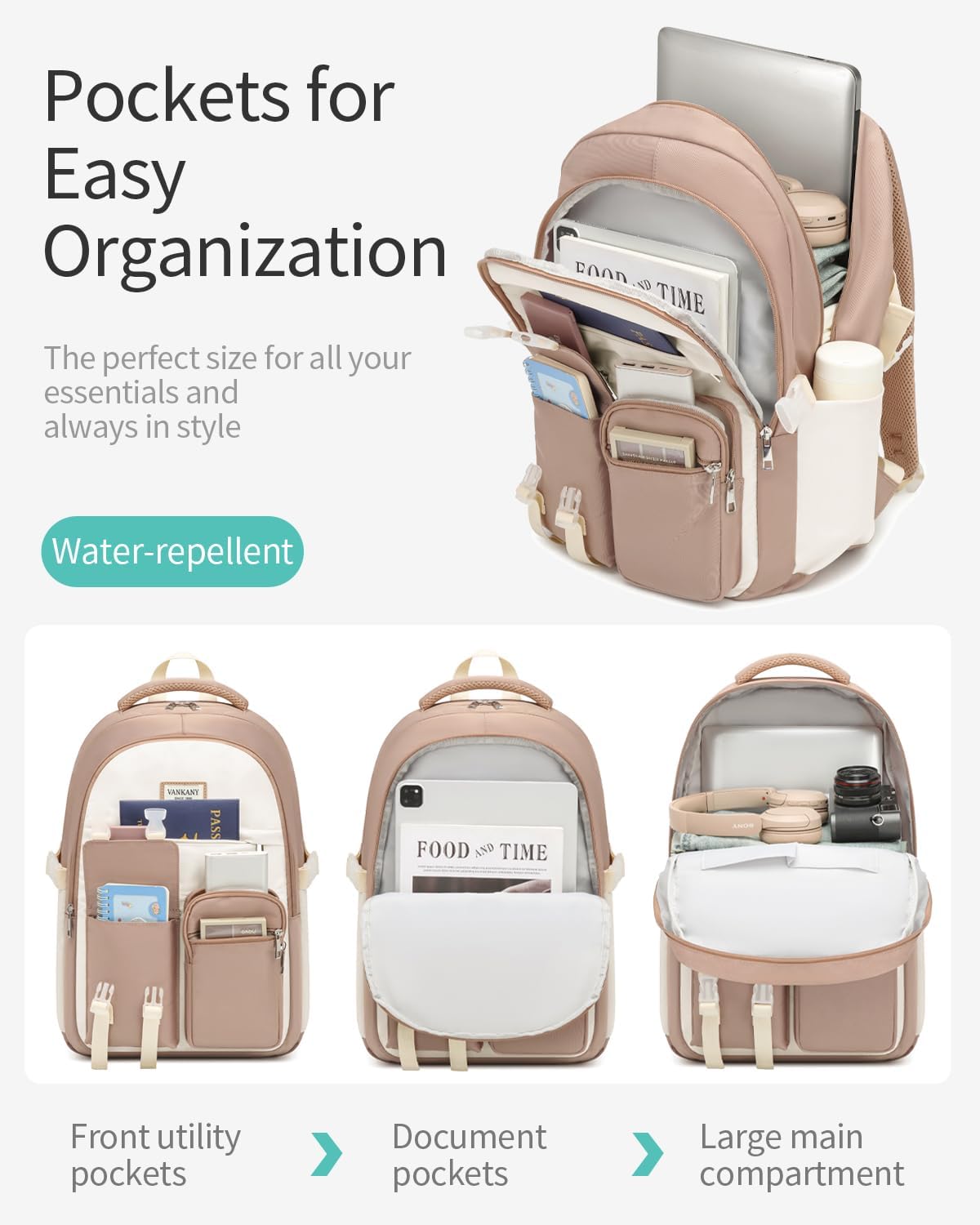 Teen Girls School Backpack, Middle High School Backpack for Girls 15.6in Laptop Backpack for Women Cute Bookbags for Kids Elementary, Khaki Beige - Image 3