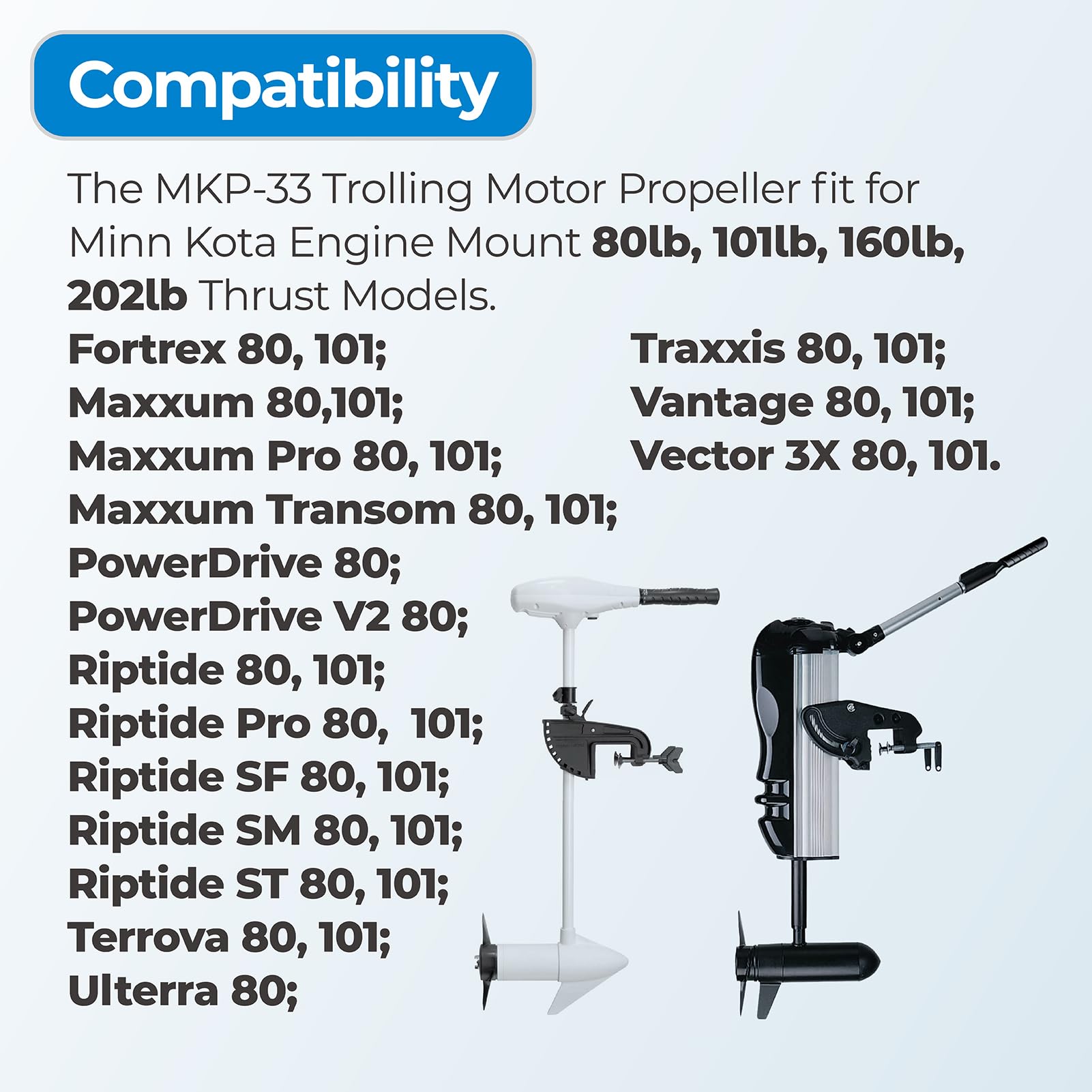 MKP-33 1865018 Prop de moteur à la traîne compatible avec Minn Kota Weedless Wedge 2 Prop, hélice de moteur à la traîne avec kit d'écrou « E » pour moteurs de 10,2 cm de diamètre pour 36,3 kg,