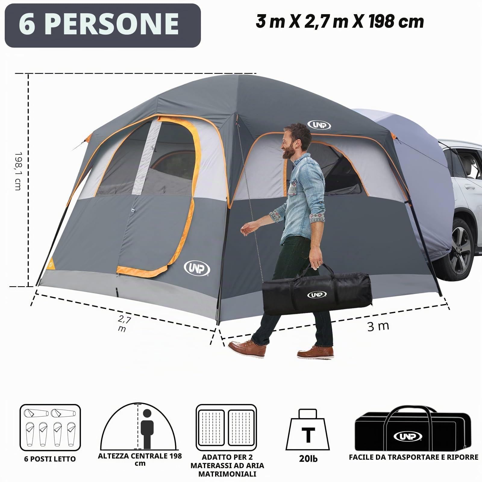 UNP Tenda da campeggio per SUV, tenda da campeggio per auto per 5-6 persone, tenda per portellone posteriore per SUV, tenda per esterni, facile da montare 3 x 2,7 x 2 m