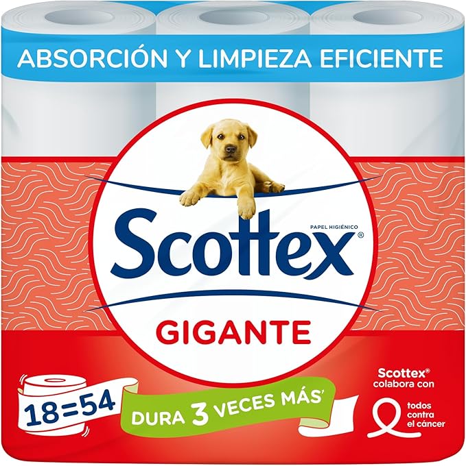 18 rollos gigantes Scottex que rinden como 54 rollos