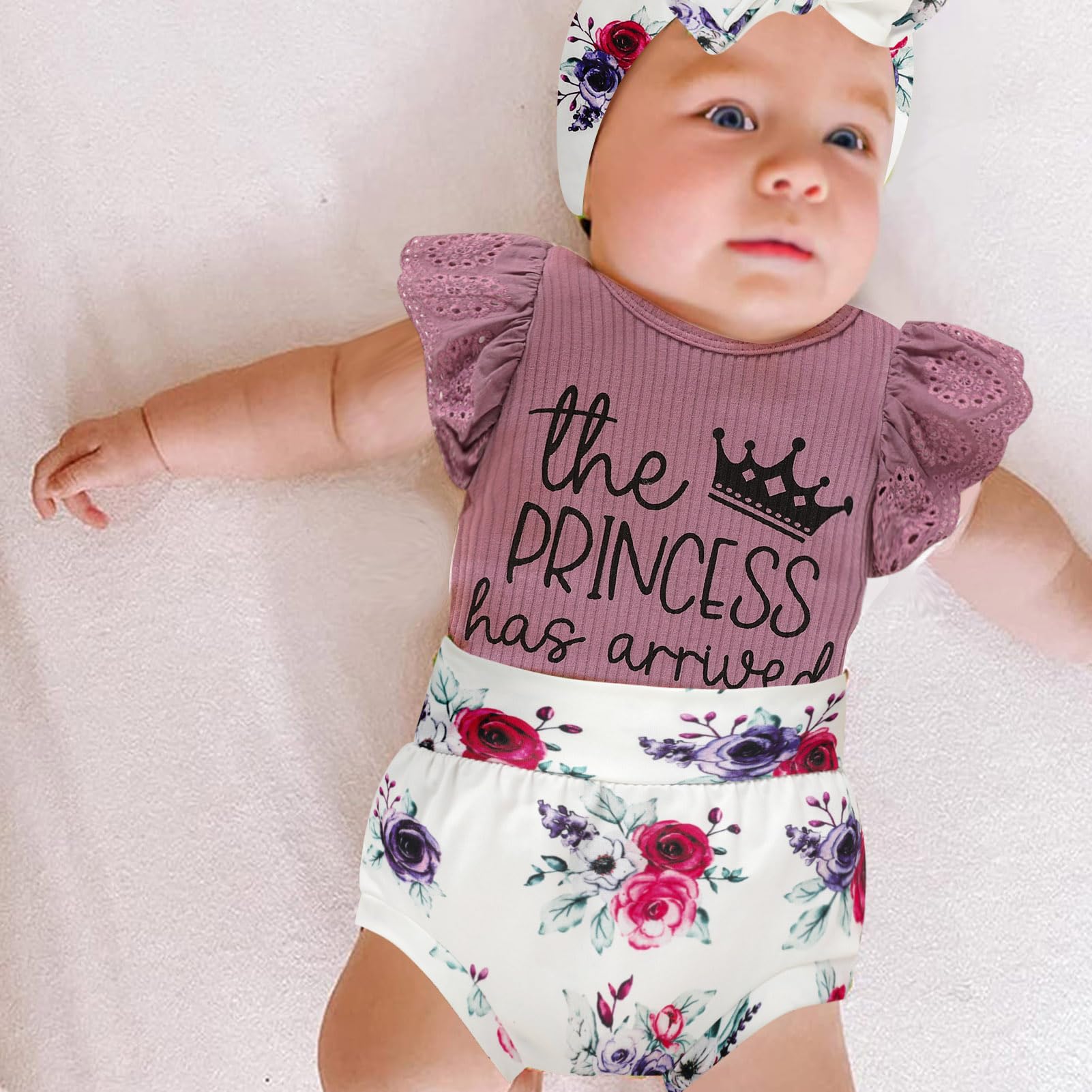 ZOELNIC Newborn Baby Girl Daddy's Girl Ruffles Sleeve Romper + Floral Shorts + Hairband 3pcs Summer Outfits for Baby Girls Clothes 1-3 Months Purple#2