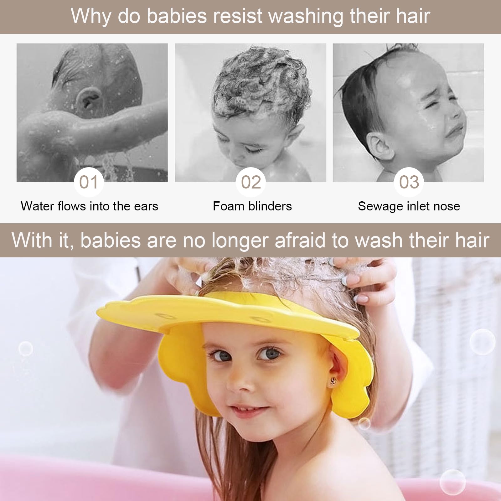 Gorro de Ducha Ajustable para Niños y Bebé, Visera Baño Sombrero Impermeable Protege Ojos y Orejas (Amarillo)