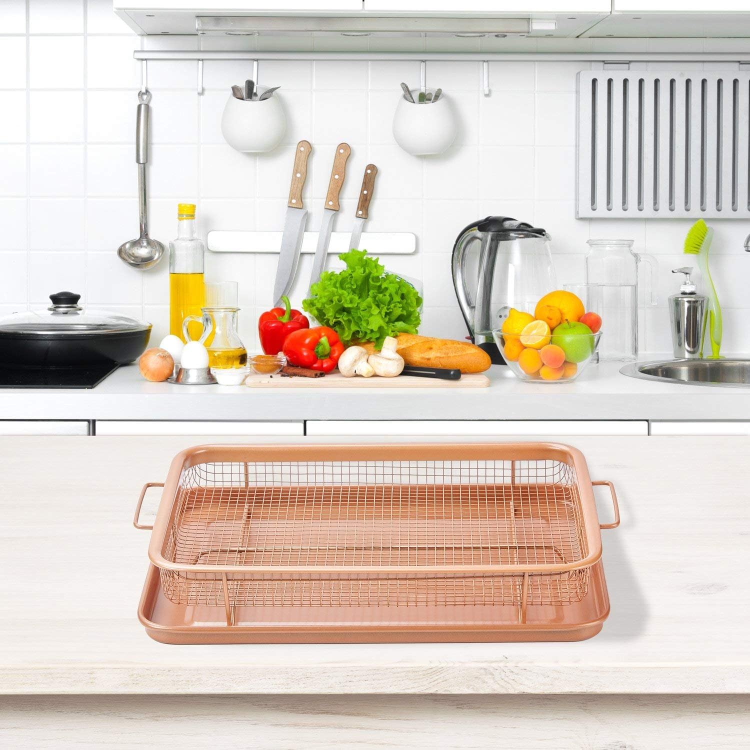 Sohansh Rectangle Copper Crisper Basket & Tray Set | Non-Stick Air Fry Oven Baking Tray for Crisping, Frying & Roasting Without Oil | Mesh Fry Basket for Healthy Cooking 2