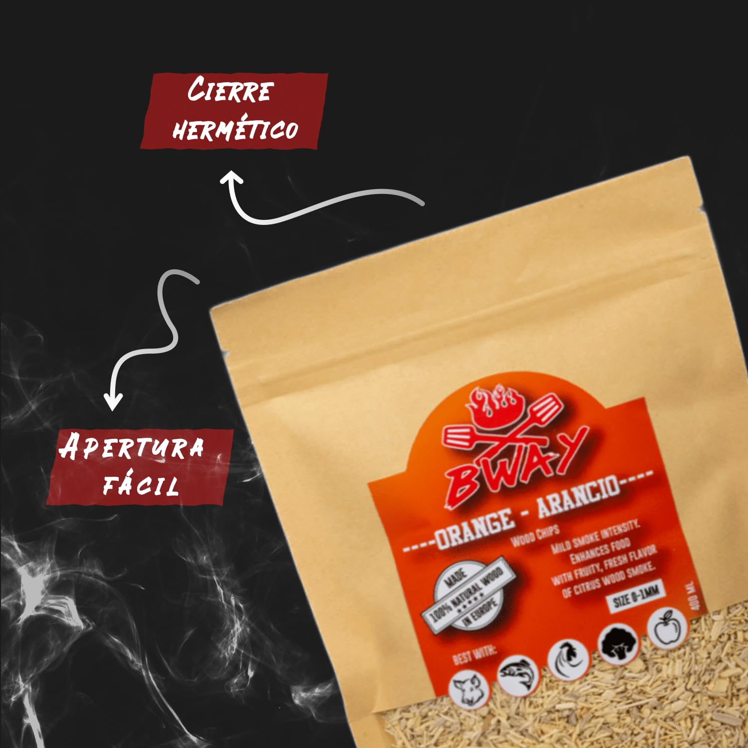 BWAY Madera para Ahumador de Alimentos Profesional - Olivo, Naranja, Almendra, Limón, Nuez y Roble (6 x 400 ml)- Ebook de Regalo con 20 Recetas - Regalos para Chefs - Ideales para Ahumar