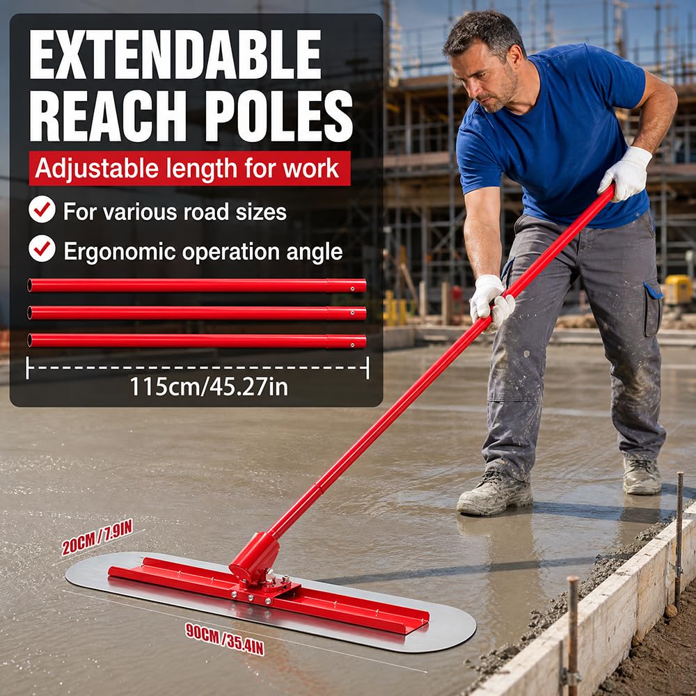 90 * 20CM Spianatrice per cemento regolabile con testa tonda – Cazzuola in acciaio inossidabile con giunto girevole flessibile, per calcestruzzo, intonaco e malta (1.15–4.6 m regolabile)